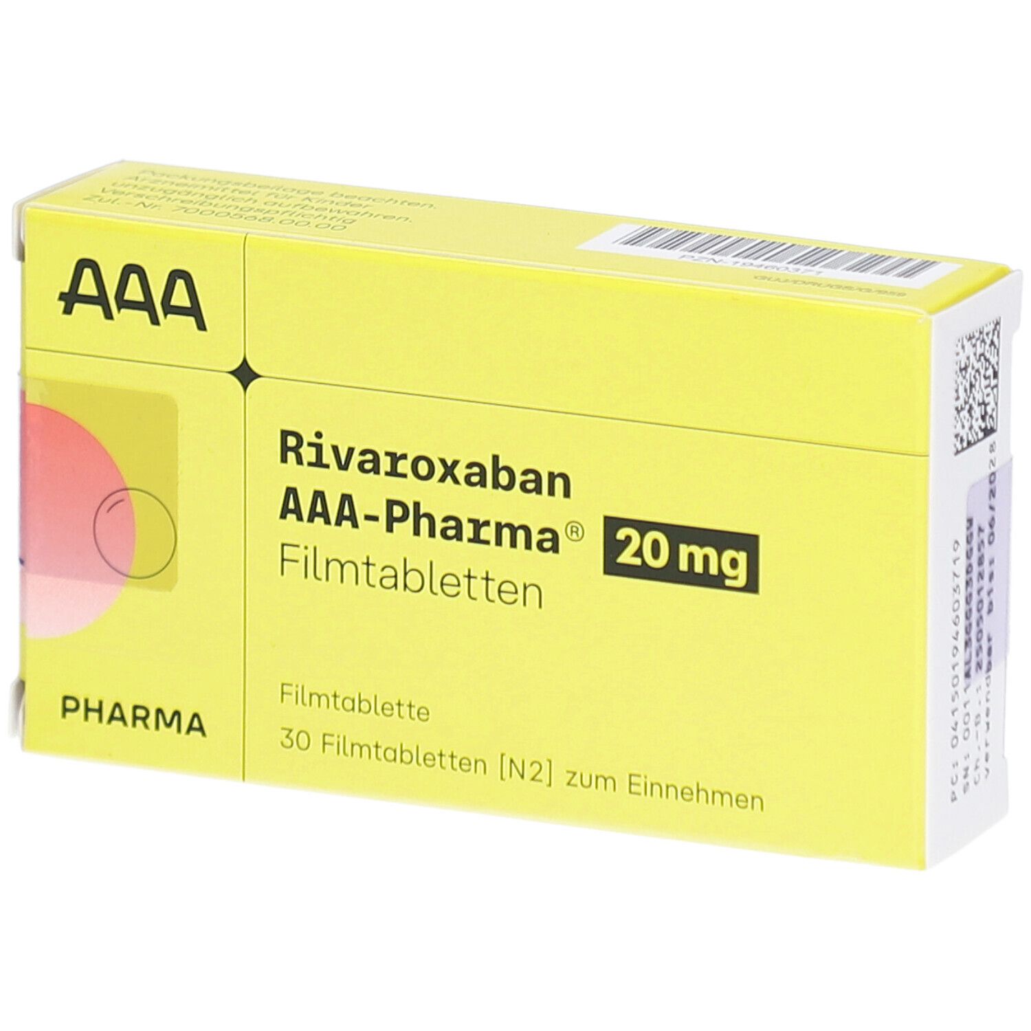 Gelbe Schachtel "Rivaroxaban AAA-Pharma 20 mg Filmtabletten". Aufdrucke: "Pharma", "30 Filmtabletten".