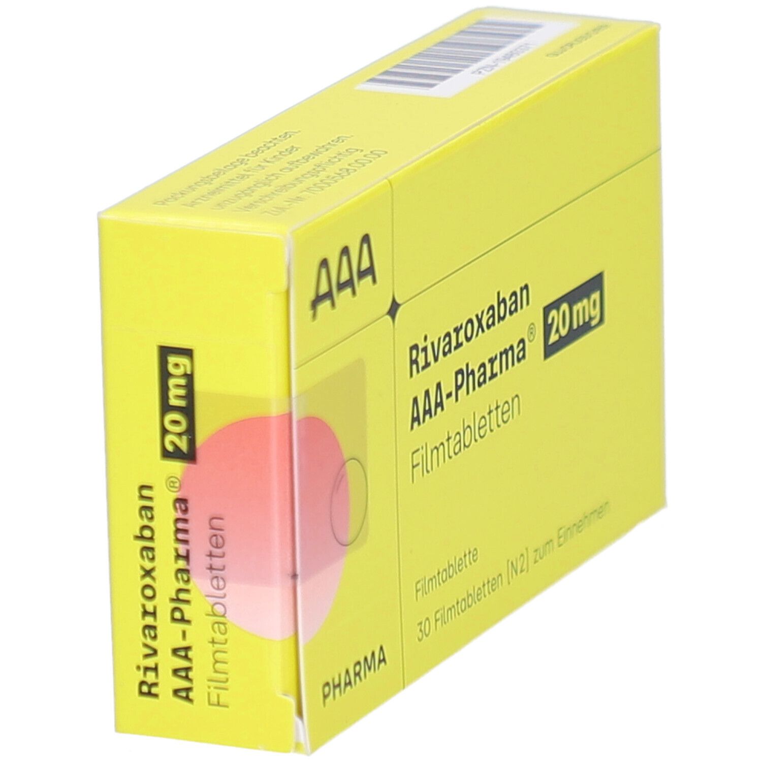 Gelbe Schachtel "Rivaroxaban AAA-Pharma 20 mg Filmtabletten". Aufdrucke: "Pharma", "30 Filmtabletten".