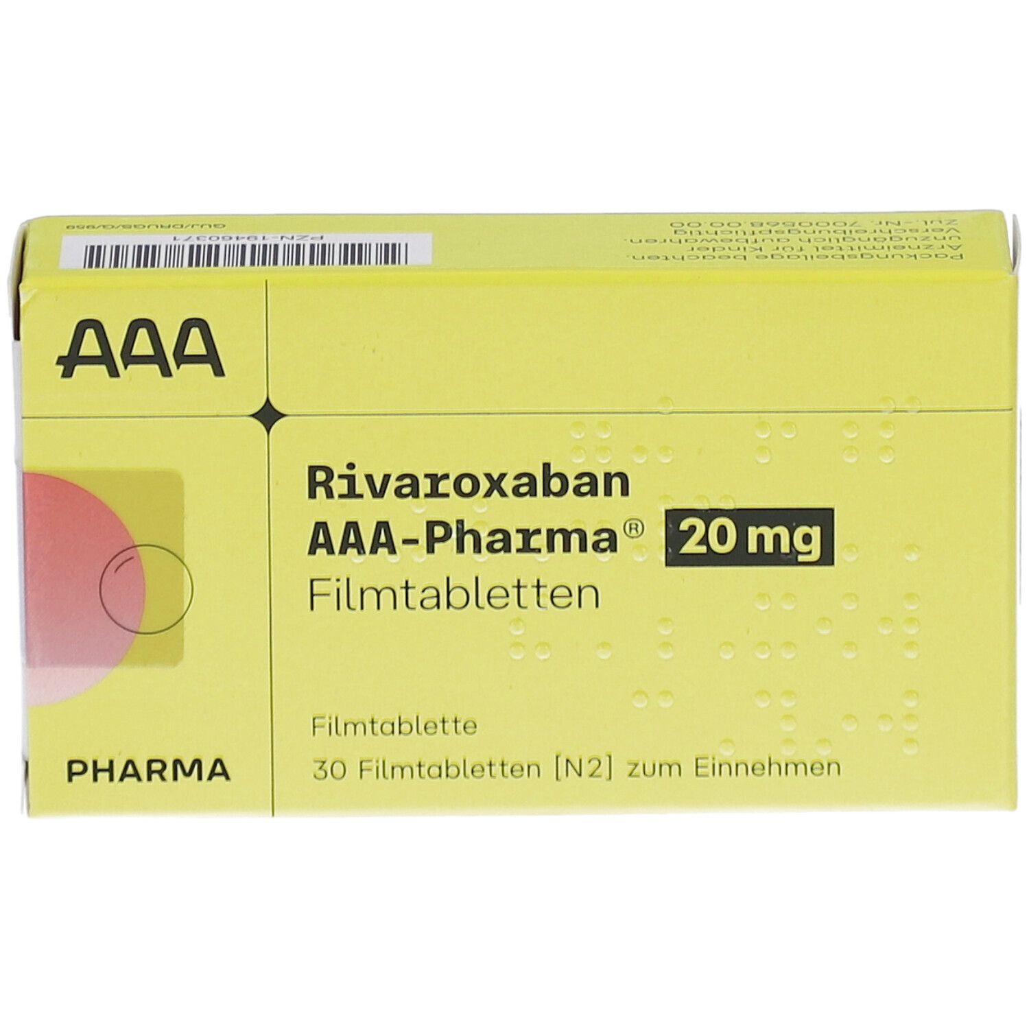Gelbe Schachtel "Rivaroxaban AAA-Pharma 20 mg Filmtabletten". Aufdrucke: "Pharma", "30 Filmtabletten".