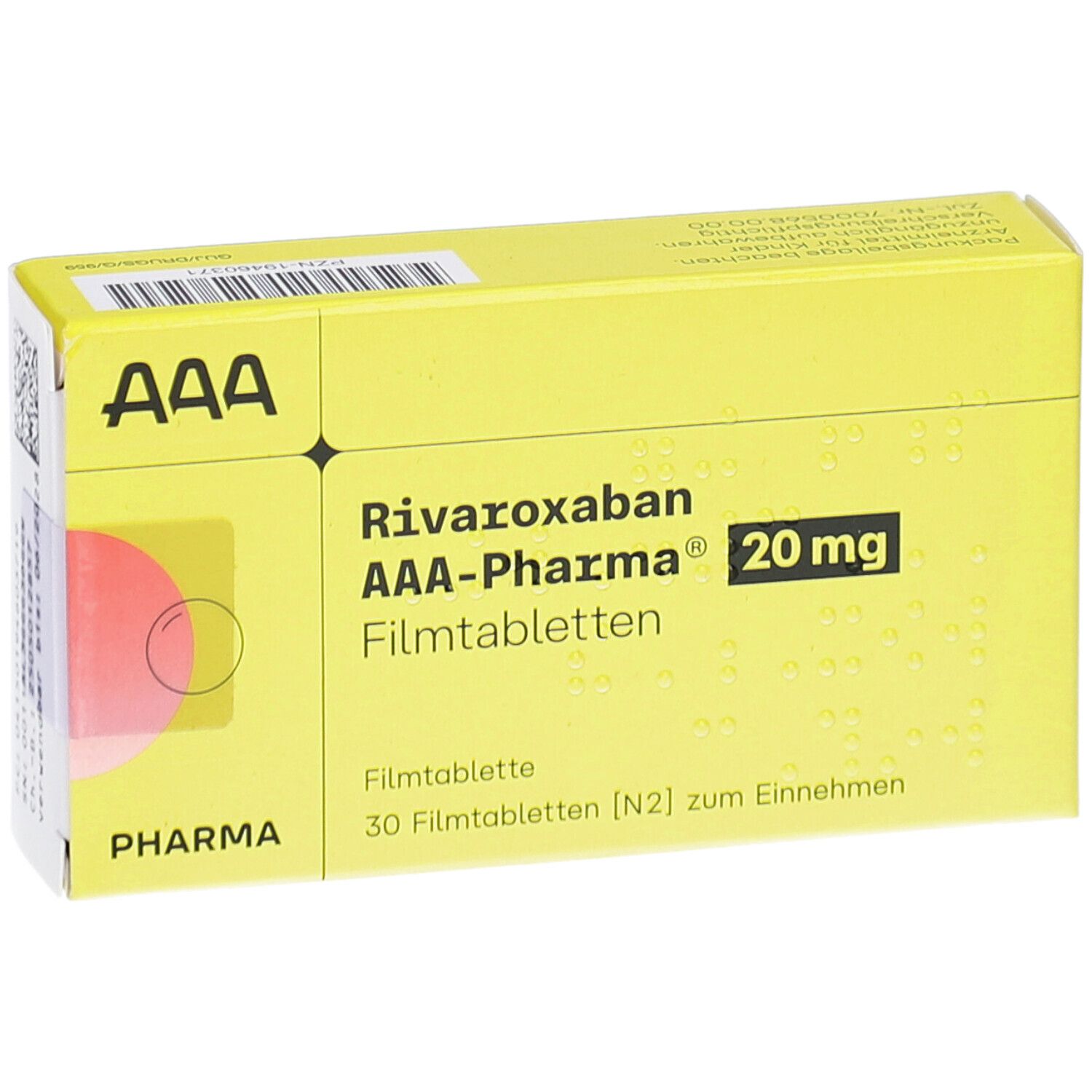 Gelbe Schachtel "Rivaroxaban AAA-Pharma 20 mg Filmtabletten". Aufdrucke: "Pharma", "30 Filmtabletten".