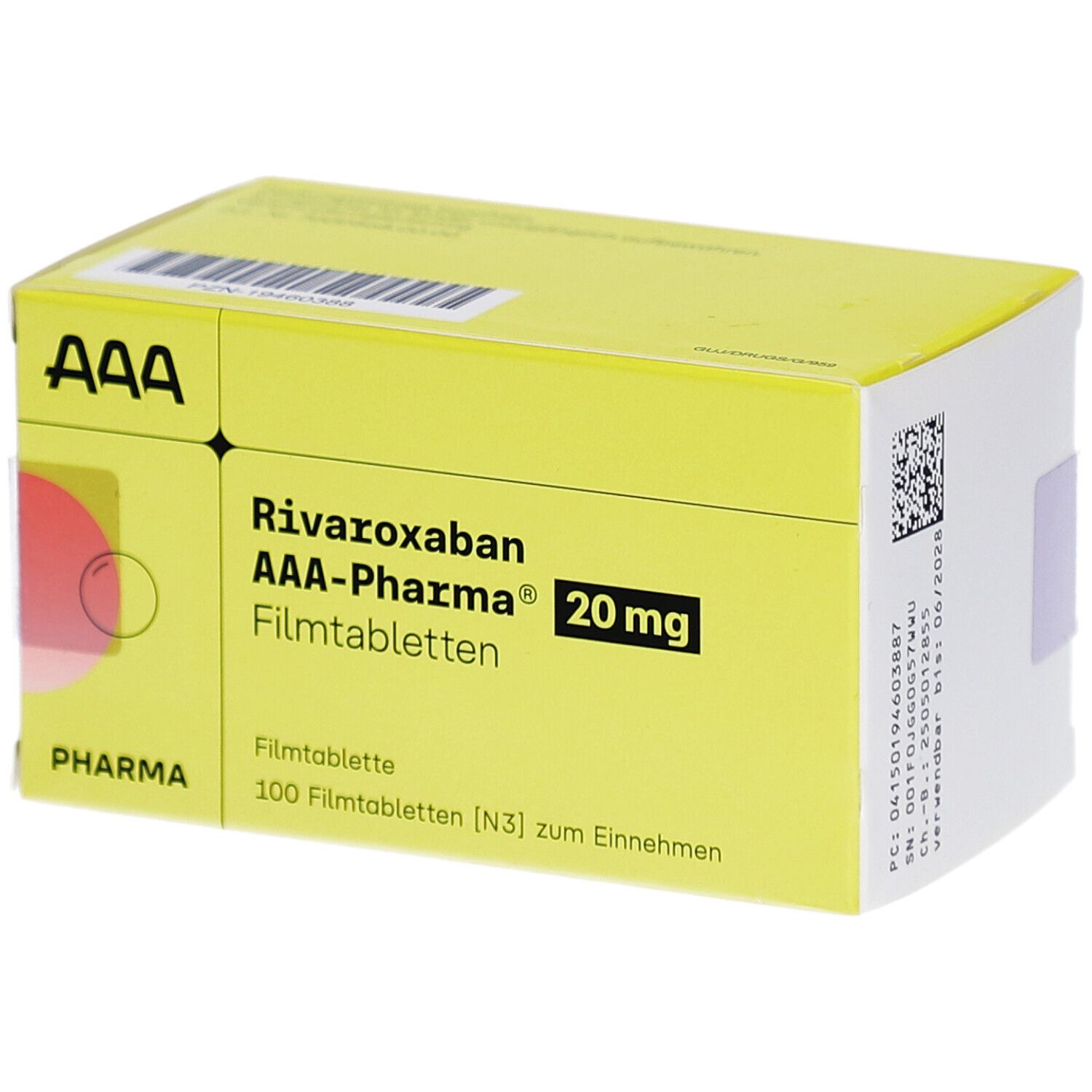 Gelbe Schachtel mit Aufschrift "Rivaroxaban AAA-Pharma 20 mg Filmtabletten". Logo "AAA". Enthält 100 Filmtabletten.