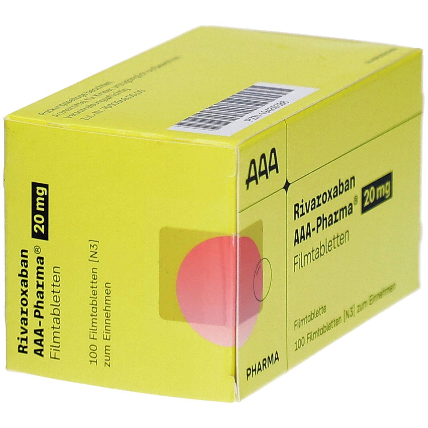 Gelbe Schachtel mit "Rivaroxaban AAA-Pharma 20 mg Filmtabletten". Logo "AAA". Enthält 100 Filmtabletten. Ansicht schräg.