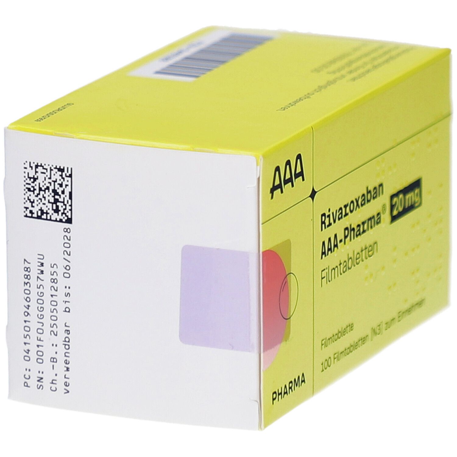 Gelbe Schachtel mit "Rivaroxaban AAA-Pharma 20 mg Filmtabletten". Logo "AAA". Enthält 100 Filmtabletten. Rückseite.