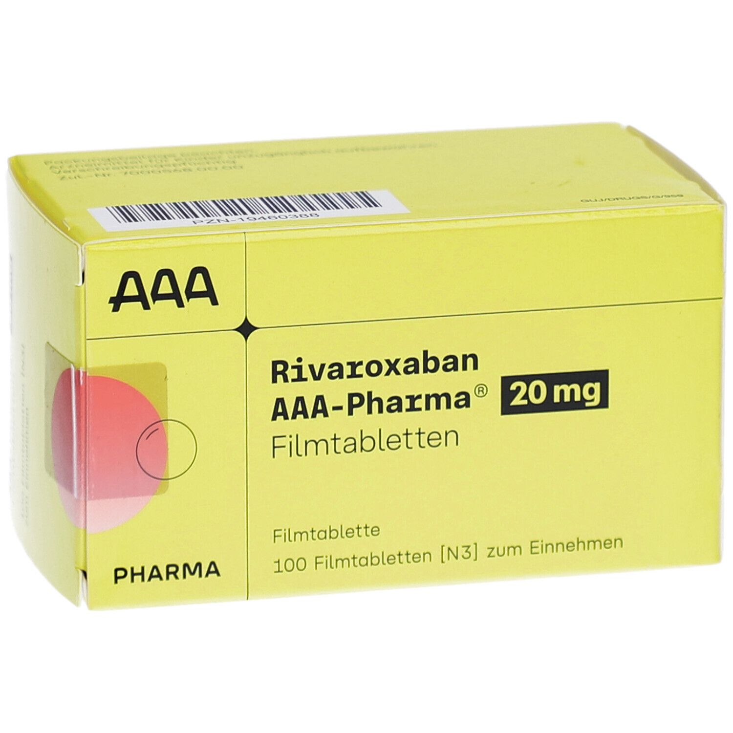 Gelbe Schachtel mit "Rivaroxaban AAA-Pharma 20 mg Filmtabletten". Logo "AAA". Enthält 100 Filmtabletten. Perspektivisch.