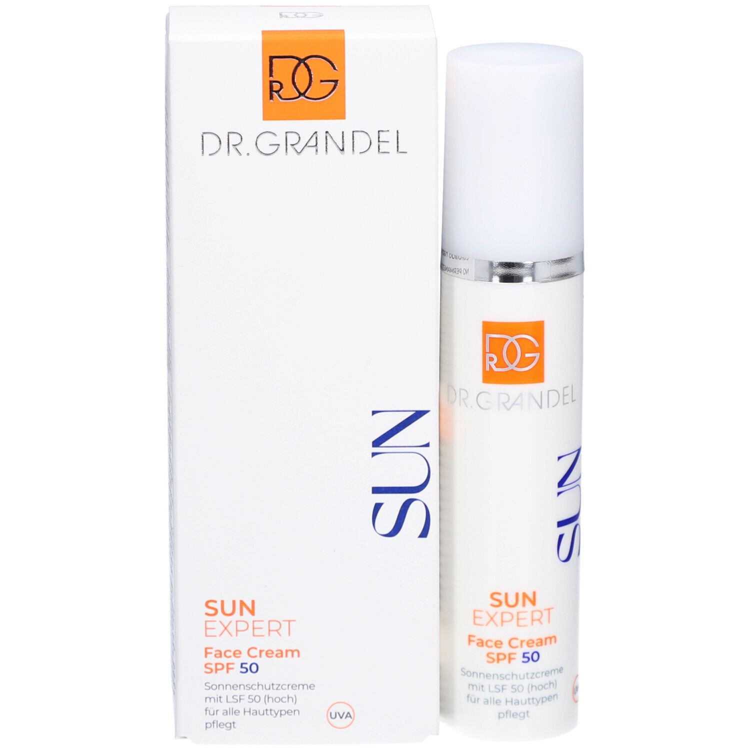 Tube und Schachtel. Aufschrift: DR. GRANDEL, SUN EXPERT, LSF 50. Weißer Hintergrund.