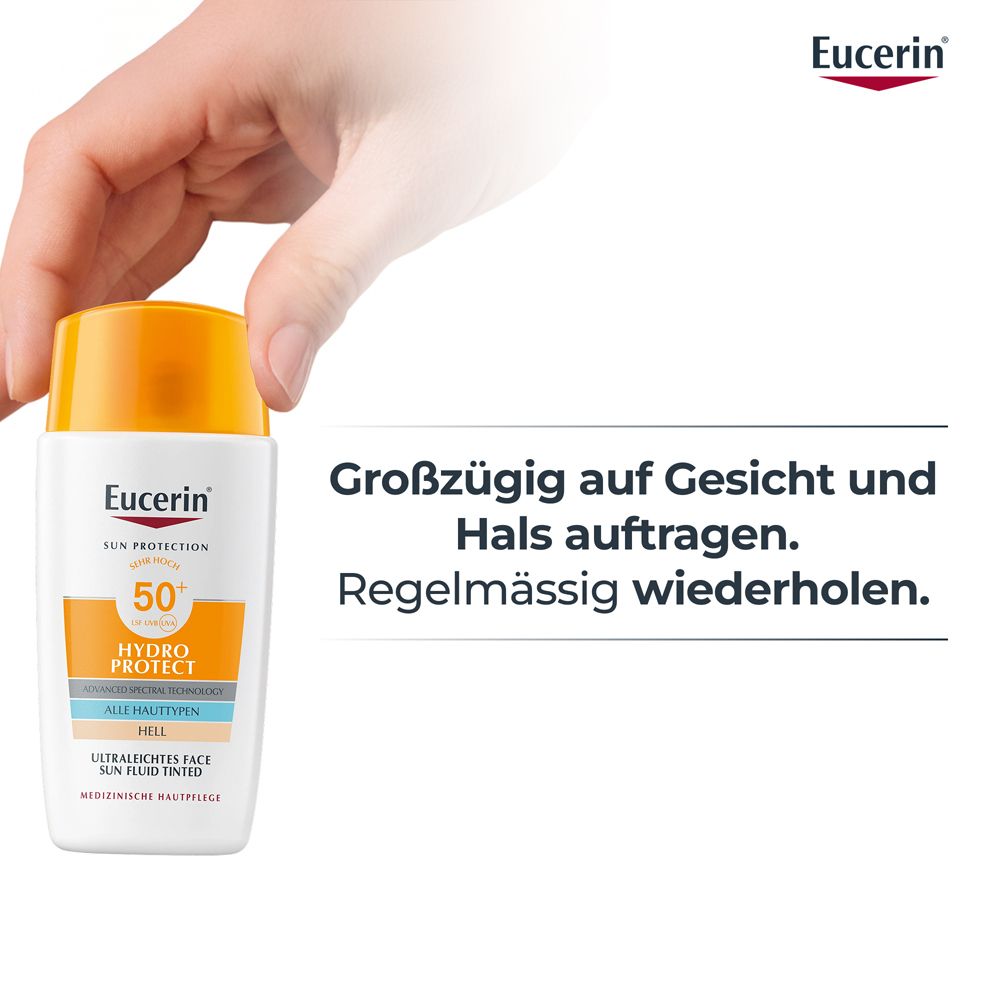 Hand hält Flasche Eucerin Hydro Protect Sun Face Fluid Tinted. Text: Großzügig auf Gesicht und Hals auftragen.