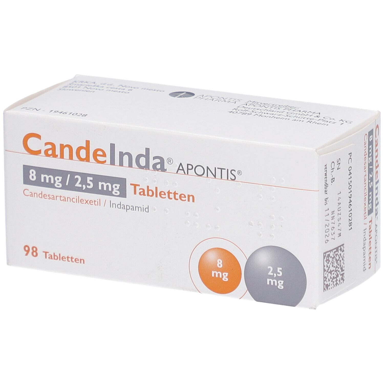 Weiße Tablettenbox mit Produktnamen und Dosierungsangaben. 98 Tabletten. Runde Grafiken mit Dosierungen.