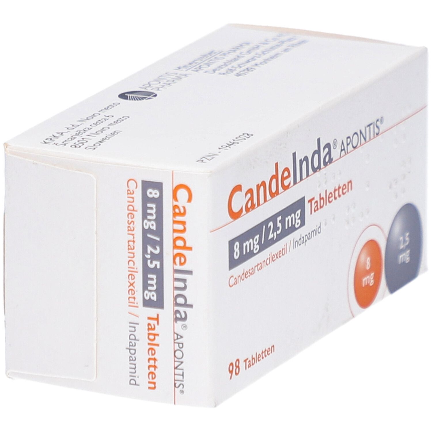 Schräg gestellte Tablettenbox mit Produktnamen und Dosierungsangaben. 98 Tabletten. Runde Grafiken mit Dosierungen.