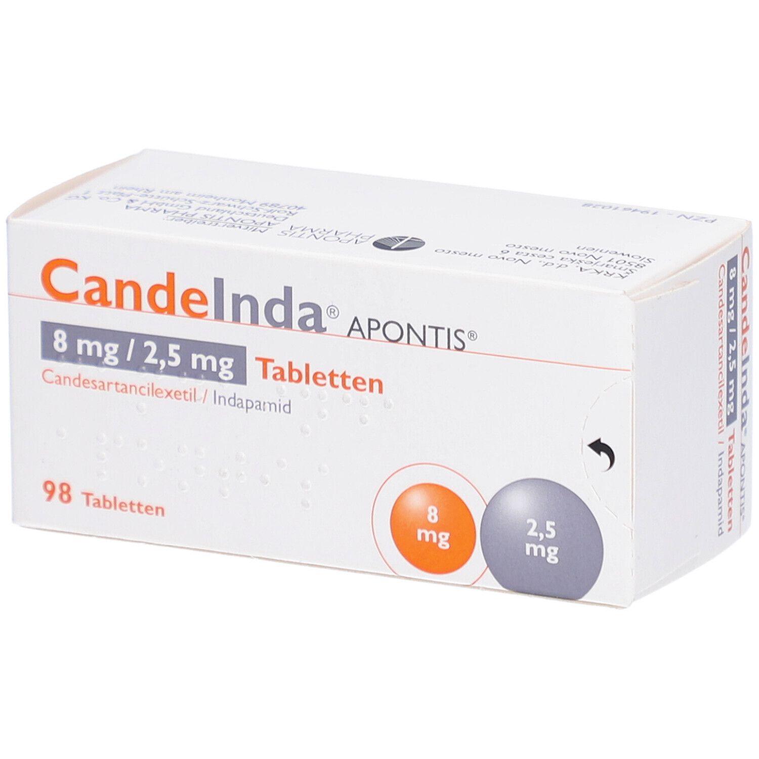 Tablettenbox mit Produktnamen und Dosierungsangaben. 98 Tabletten. Runde Grafiken mit Dosierungen. Pfeil.