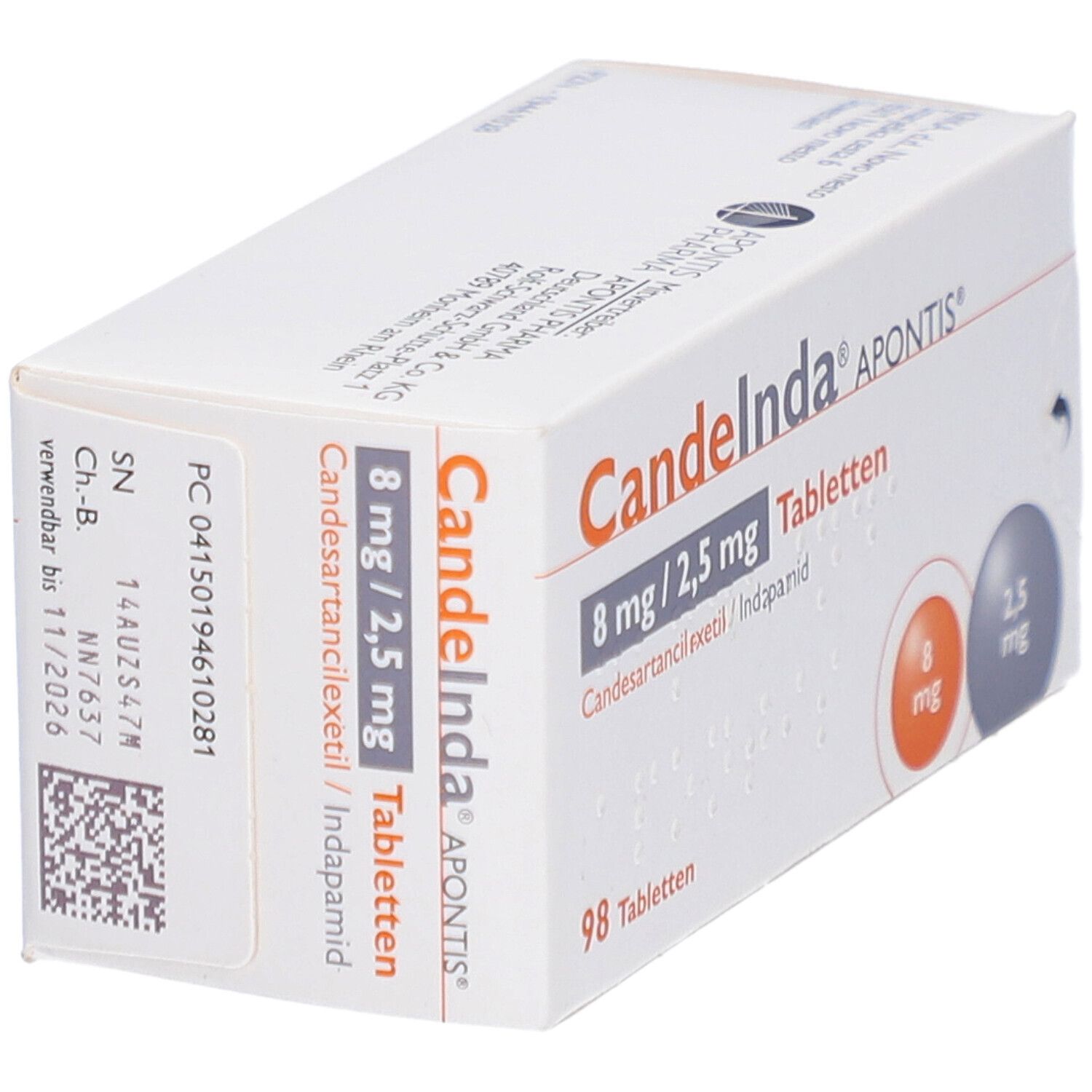 Schräg gestellte Tablettenbox mit Produktnamen und Dosierungsangaben. 98 Tabletten. Runde Grafiken mit Dosierungen.