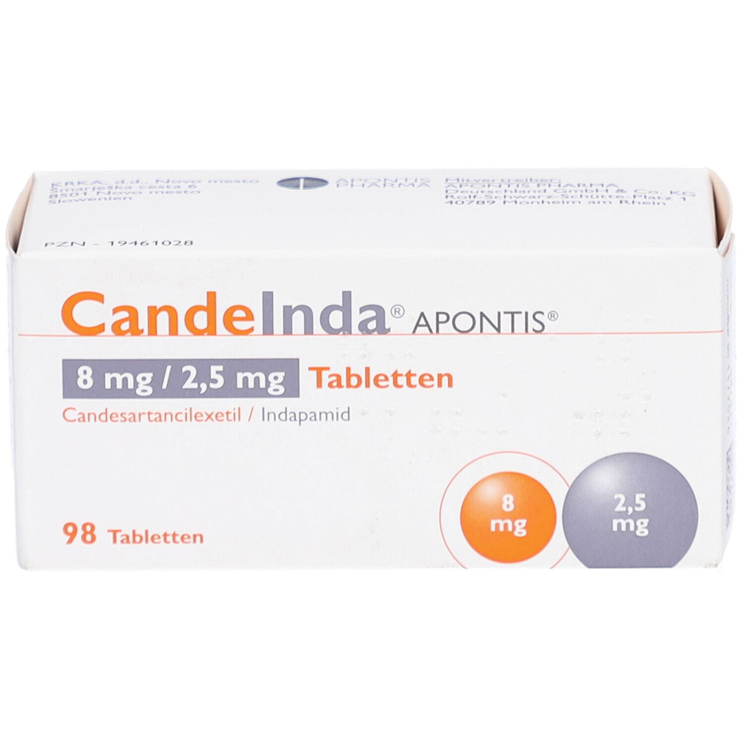 Tablettenbox mit Produktnamen und Dosierungsangaben. 98 Tabletten. Runde Grafiken mit Dosierungen.