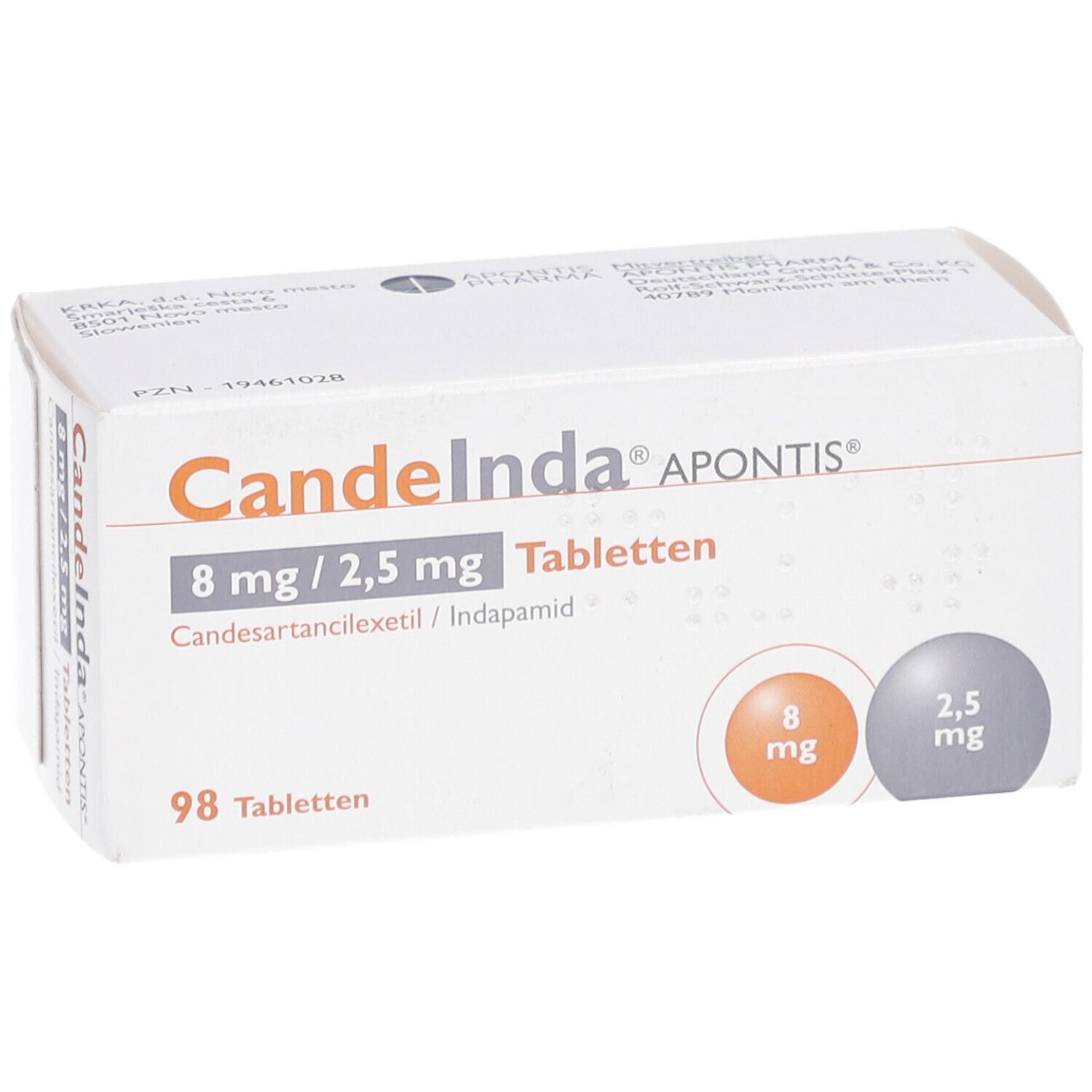 Tablettenbox mit Produktnamen und Dosierungsangaben. 98 Tabletten. Runde Grafiken mit Dosierungen.