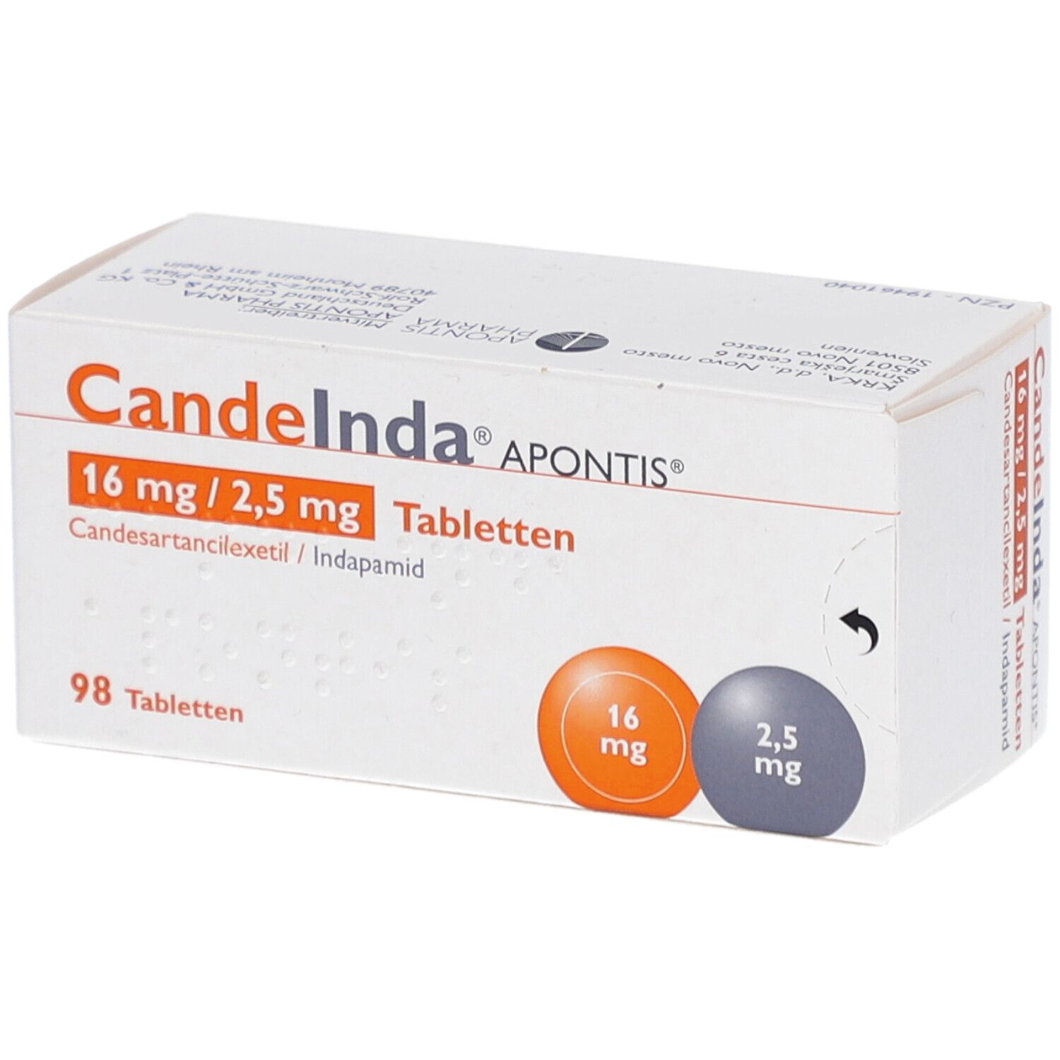 Schachtel mit CANDEINDA APONTIS Tabletten. Aufdruck: 16 mg/2,5 mg, 98 Tabletten. Orange und graue Kreise mit Dosierungsangaben.
