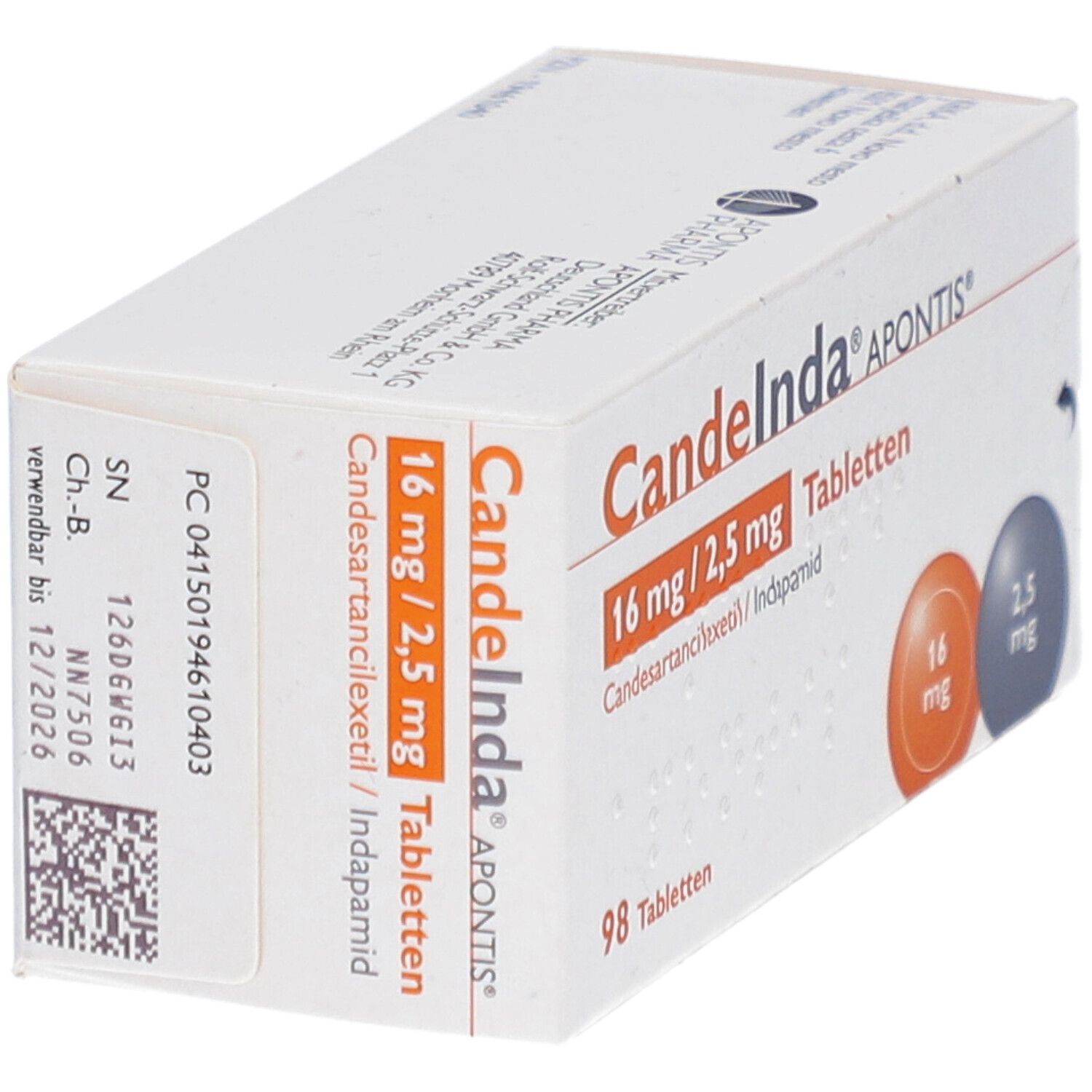 Schachtel CANDEINDA APONTIS Tabletten. Aufdruck: 16 mg/2,5 mg, 98 Tabletten. Details: Chargennummer, Verfallsdatum, QR-Code.