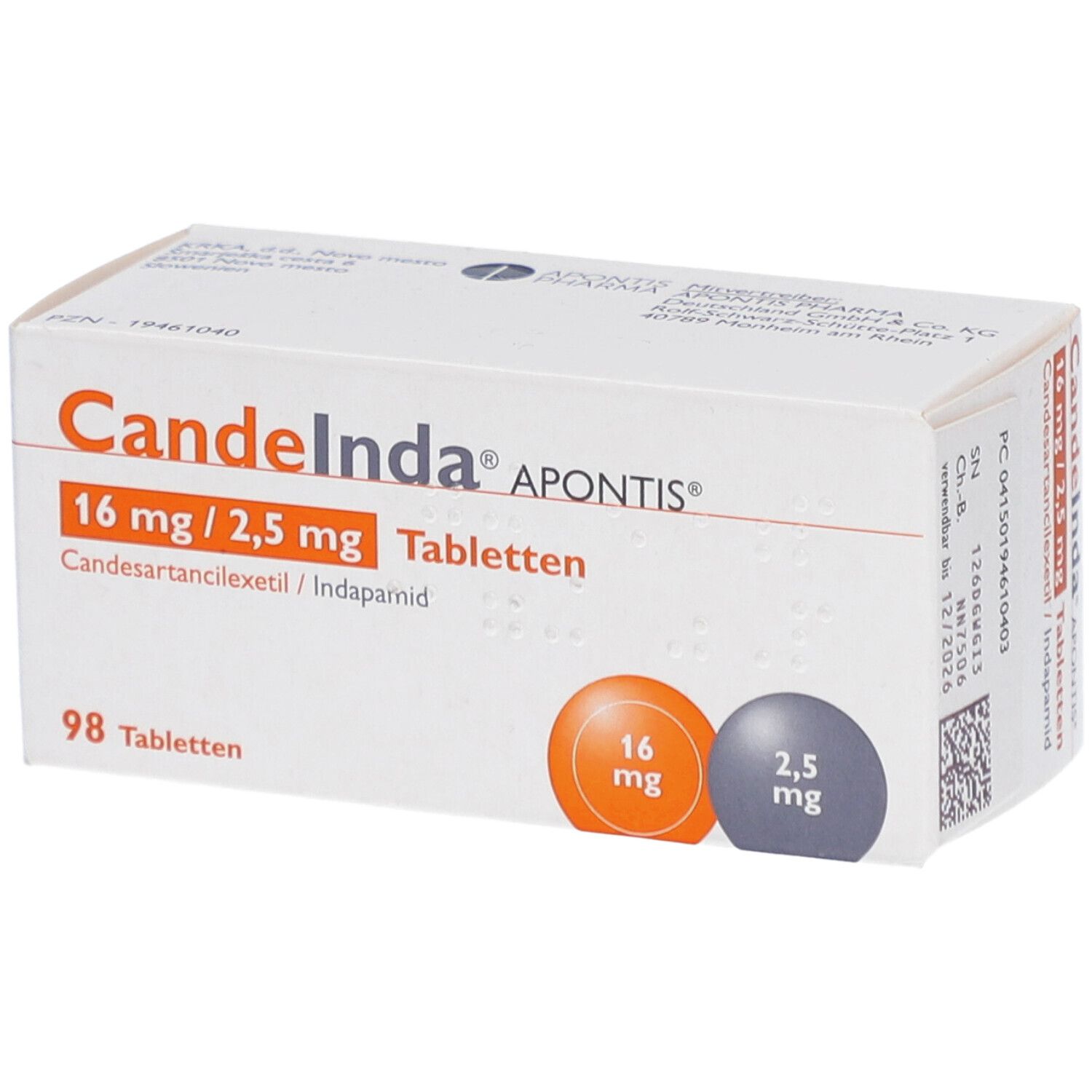 Schachtel CANDEINDA APONTIS Tabletten. Aufdruck: 16 mg/2,5 mg, 98 Tabletten. Orange und graue Kreise mit Dosierungsangaben.