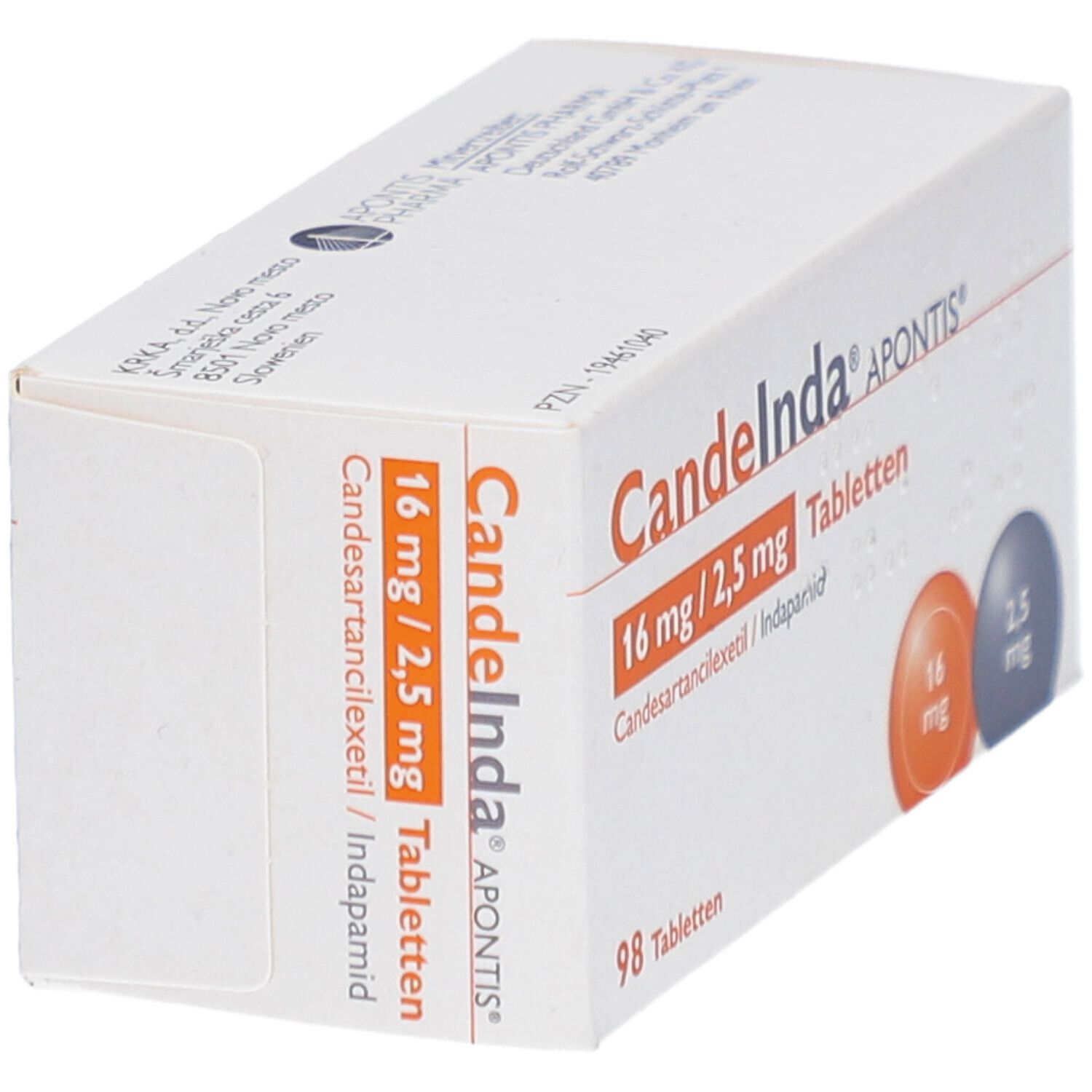 Schachtel CANDEINDA APONTIS Tabletten. Aufdruck: 16 mg/2,5 mg, 98 Tabletten. Orange und graue Kreise mit Dosierungsangaben.