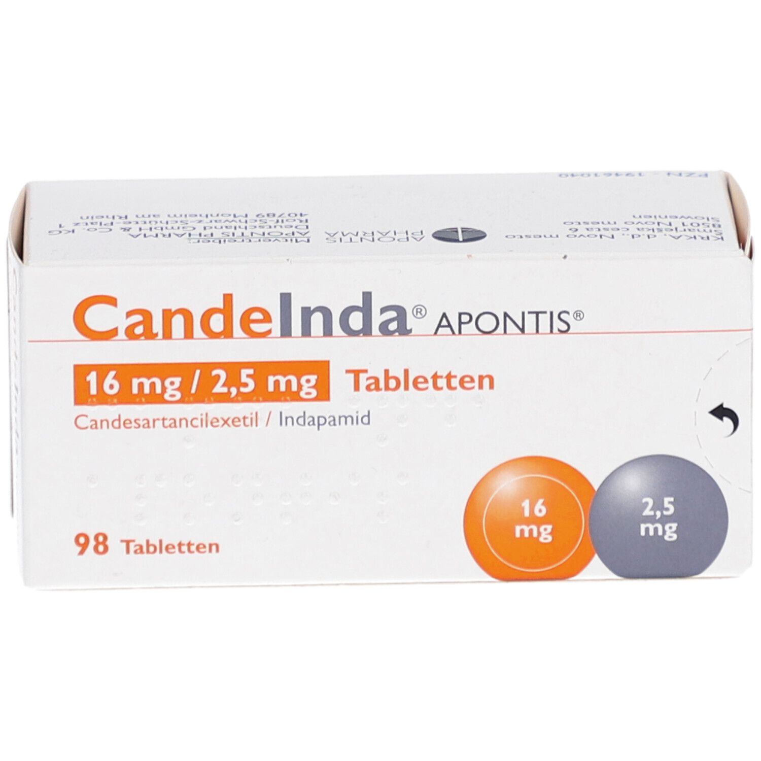 Schachtel CANDEINDA APONTIS Tabletten. Aufdruck: 16 mg/2,5 mg, 98 Tabletten. Orange und graue Kreise mit Dosierungsangaben.