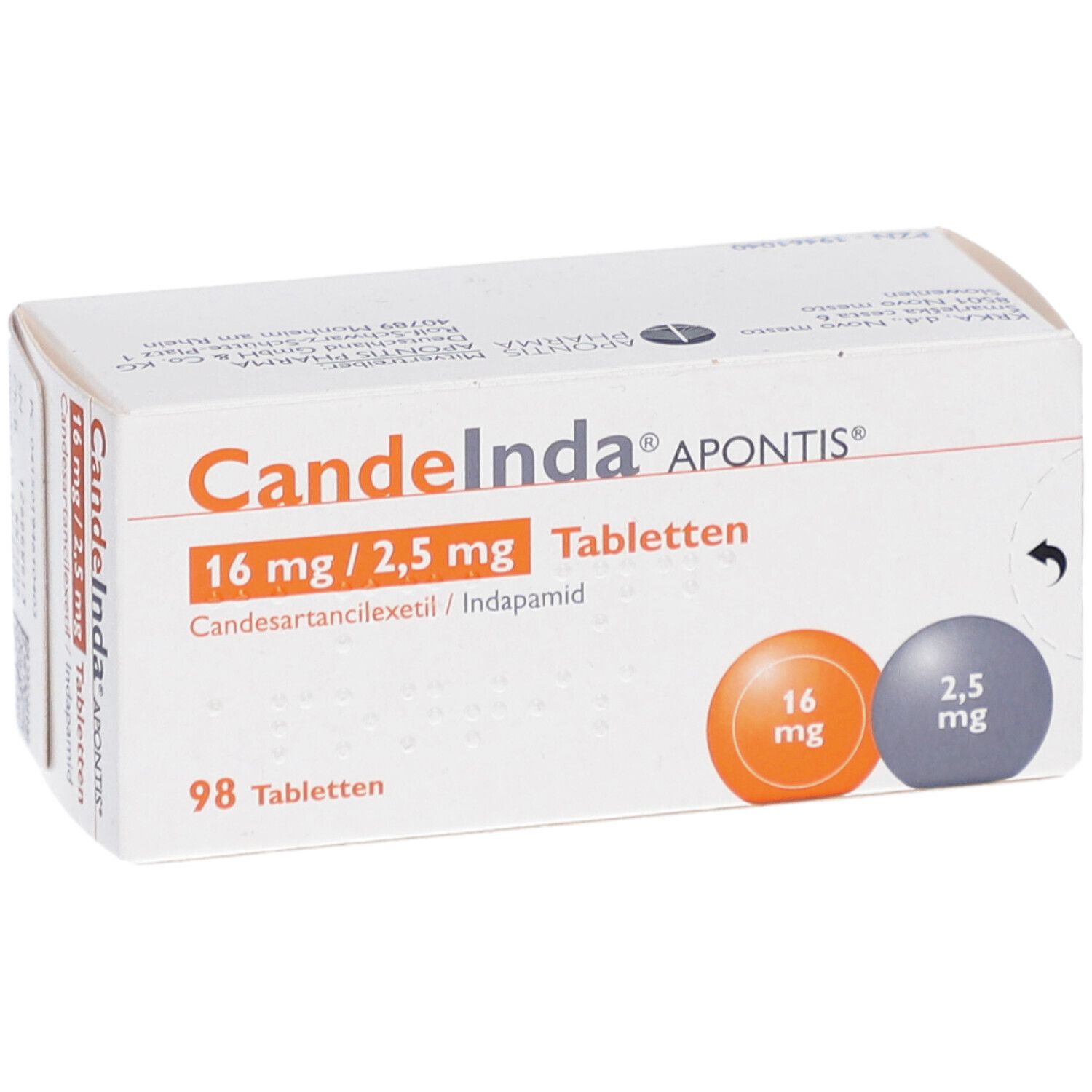 Schachtel CANDEINDA APONTIS Tabletten. Aufdruck: 16 mg/2,5 mg, 98 Tabletten. Orange und graue Kreise mit Dosierungsangaben.