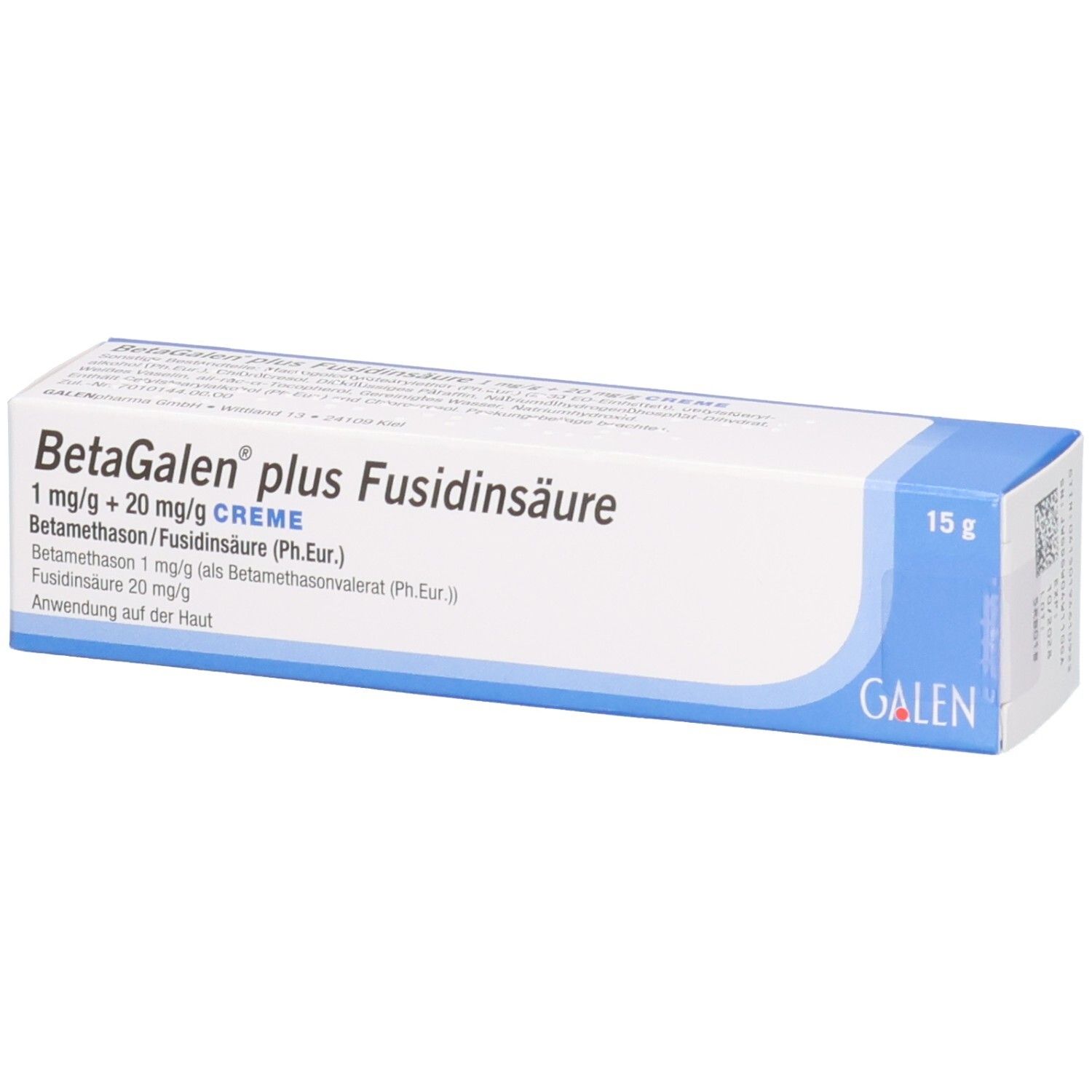 Schachtel mit Produktnamen und Inhaltsstoffen. Blaue und weiße Verpackung. GALEN-Logo.