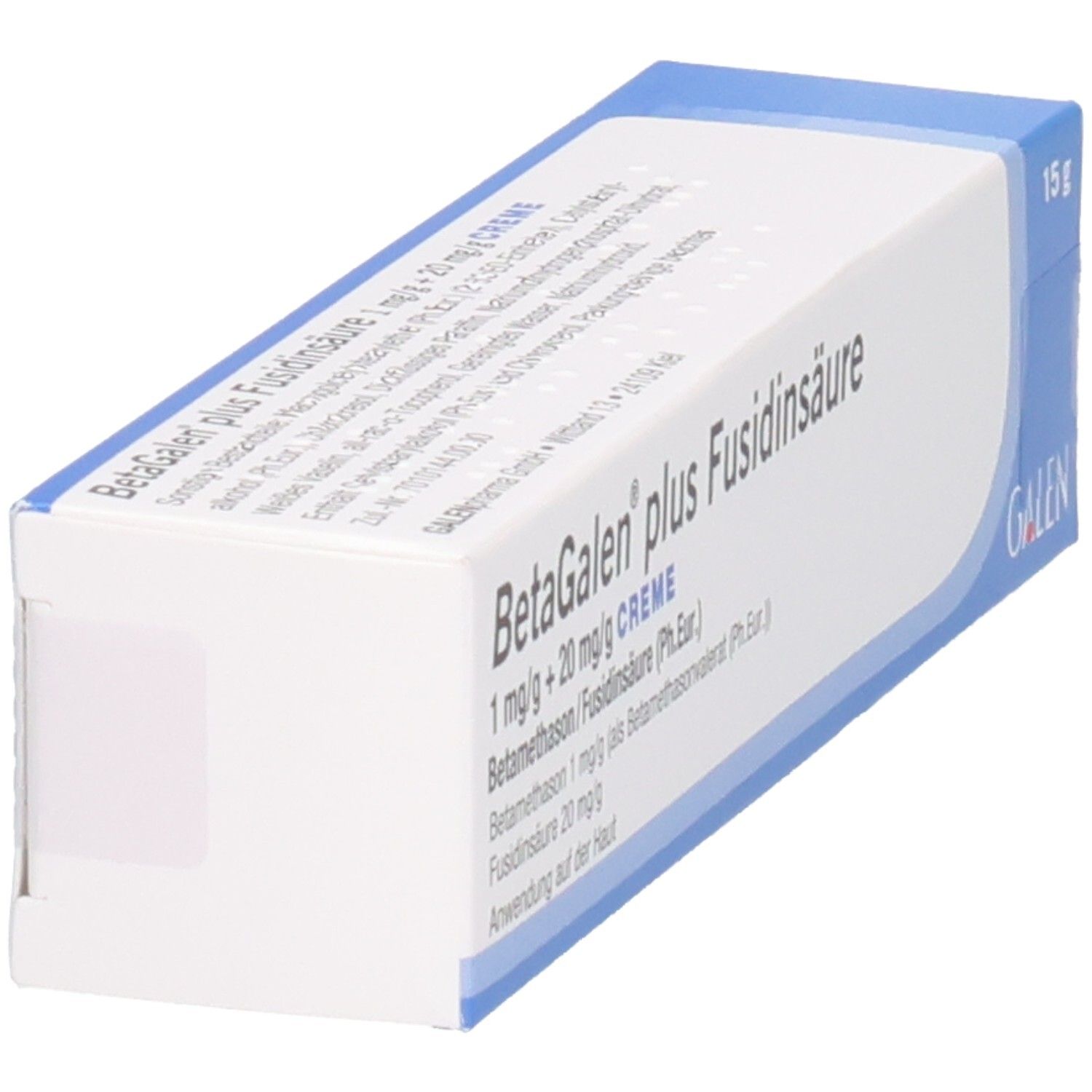 Schachtel, schräg von oben. Produktname und Inhaltsstoffe sichtbar. Blaue und weiße Verpackung.