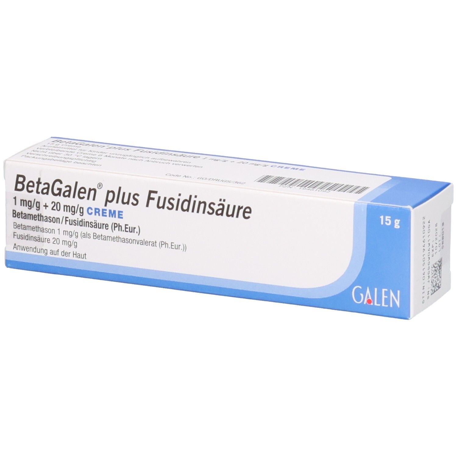 Schachtel mit Produktnamen und Inhaltsstoffen. Blaue und weiße Verpackung. GALEN-Logo.