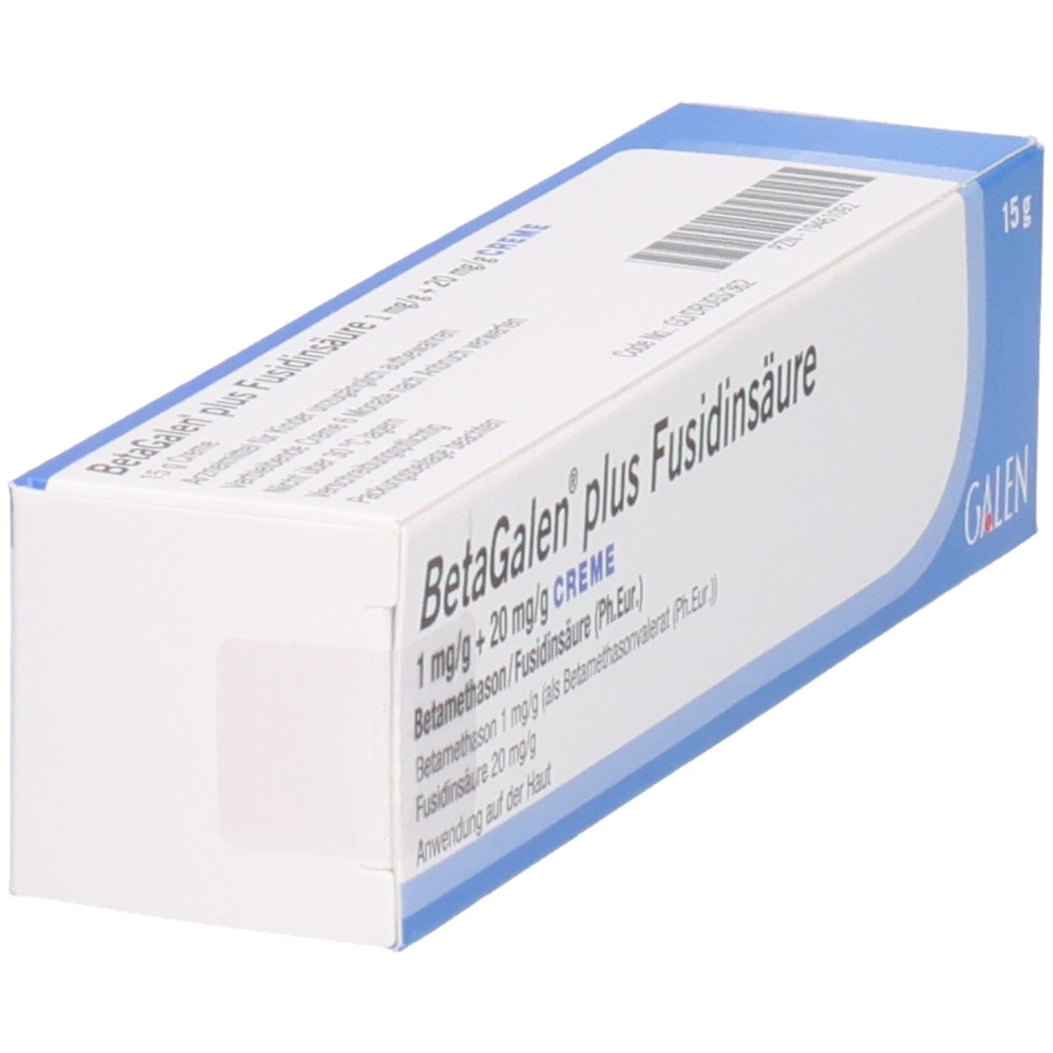 Schachtel, schräg von oben. Produktname und Inhaltsstoffe sichtbar. Blaue und weiße Verpackung.