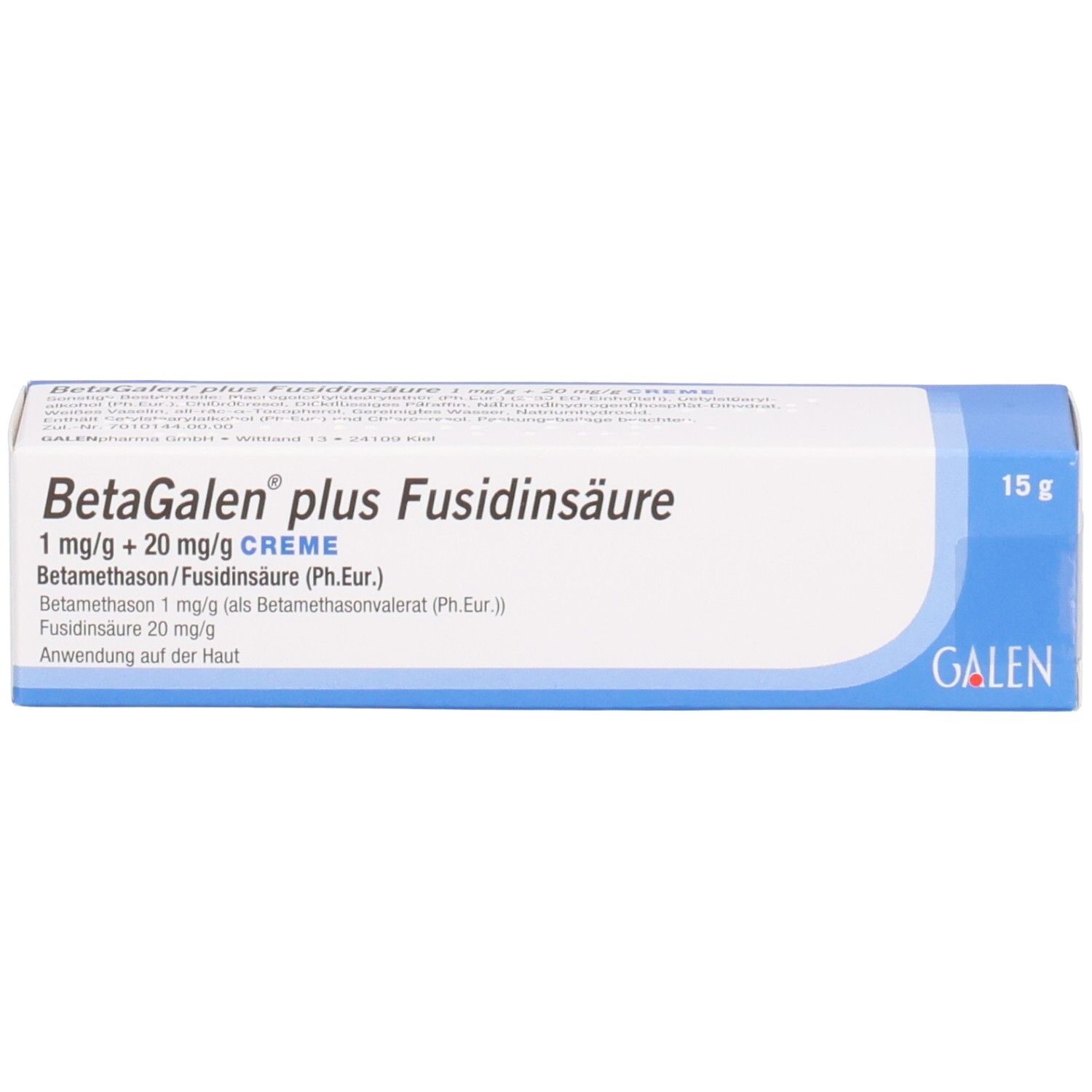Schachtel mit Produktnamen und Inhaltsstoffen. Blaue und weiße Verpackung. GALEN-Logo.