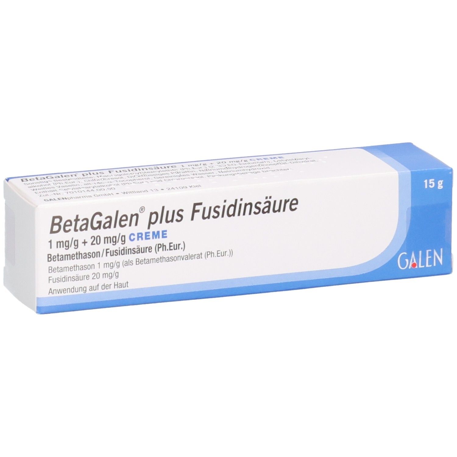 Schachtel mit Produktnamen und Inhaltsstoffen. Blaue und weiße Verpackung. GALEN-Logo.
