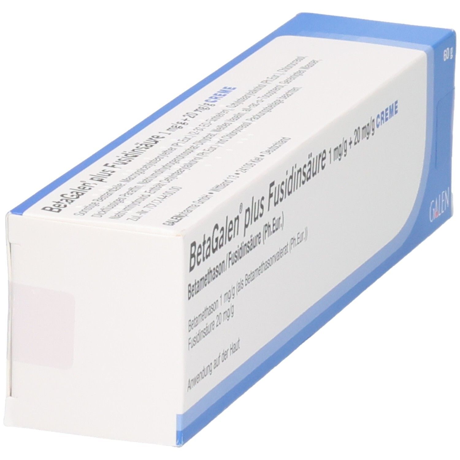 Betagalen plus Fusidinsäure Creme 1 mg/g + 20 mg/g, 60g Packung, Seitenansicht.