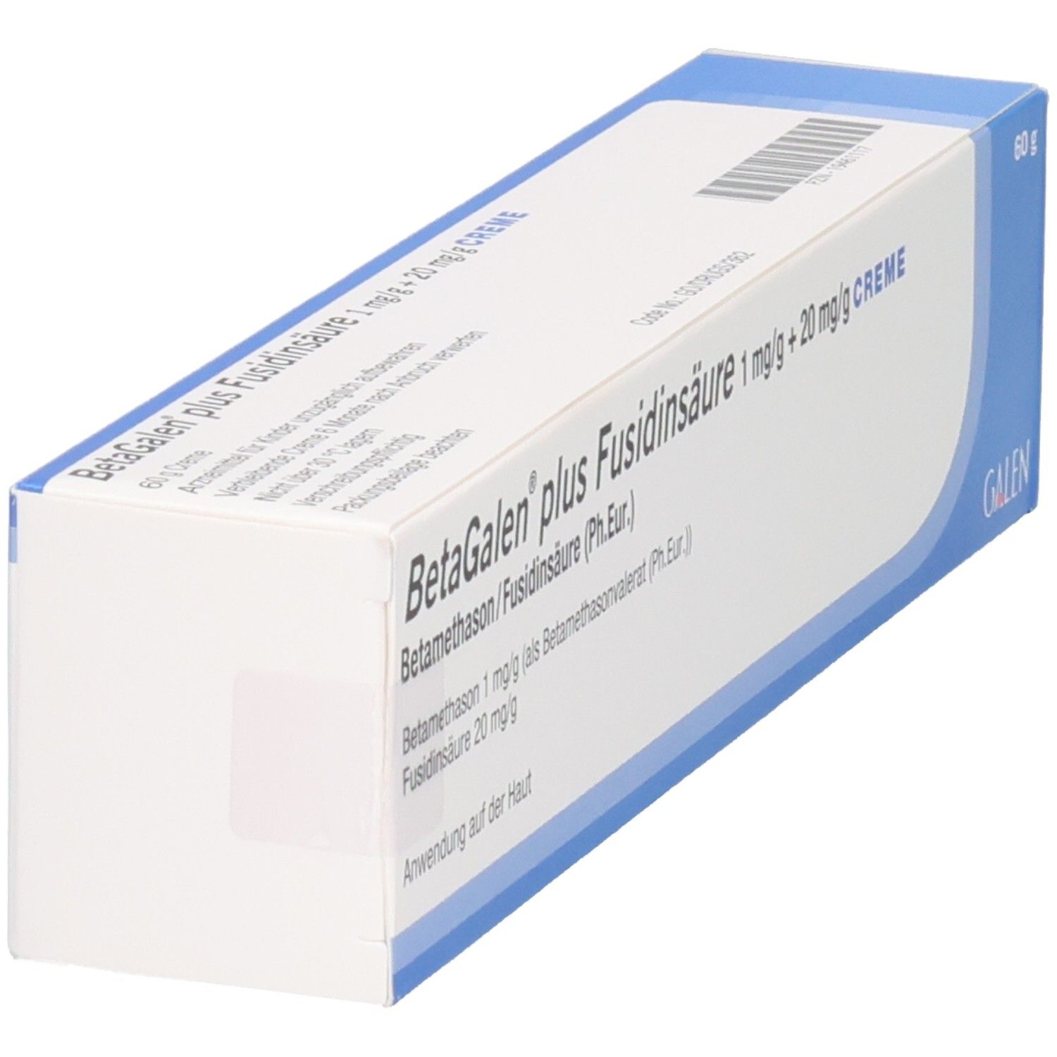 Betagalen plus Fusidinsäure Creme 1 mg/g + 20 mg/g, 60g Packung, schräge Ansicht.