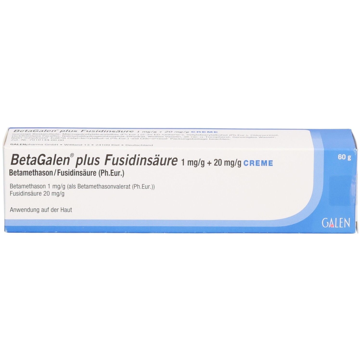 Betagalen plus Fusidinsäure Creme 1 mg/g + 20 mg/g, 60g Packung.