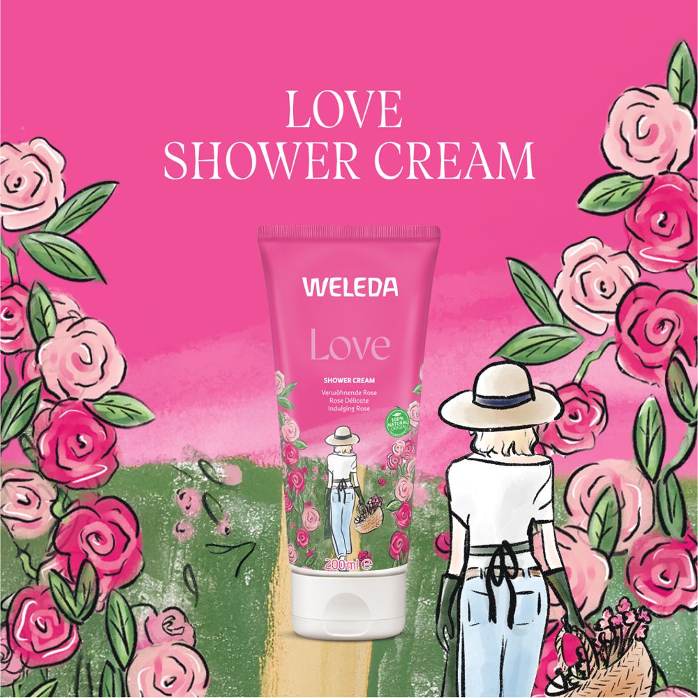 Werbung für "WELEDA Love Shower Cream". Rosa Hintergrund mit Rosen und Illustration einer Frau. Produkt in der Mitte.