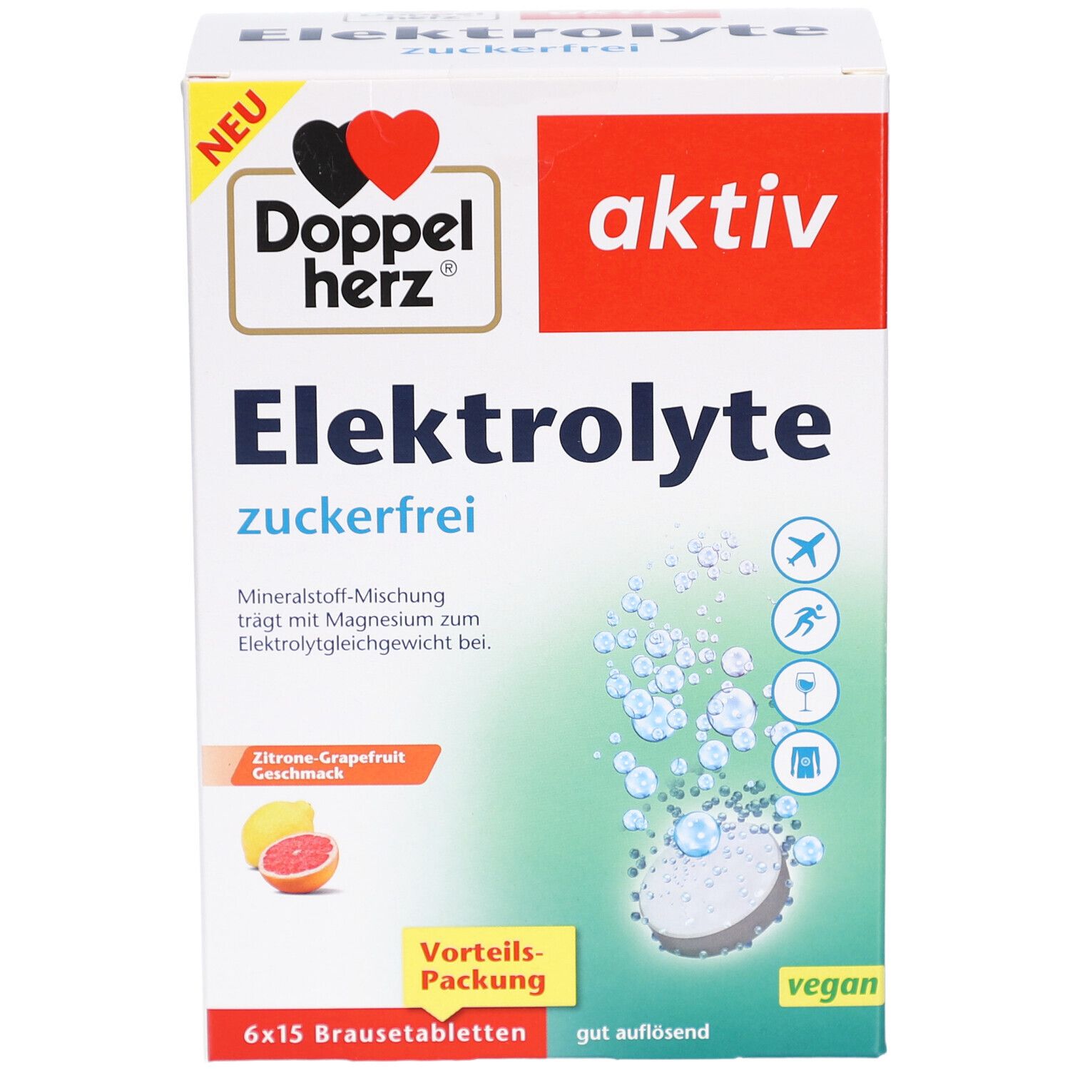 Weiße Verpackung mit "Doppelherz Elektrolyte zuckerfrei". 6x15 Brausetabletten. Zitrone-Grapefruit Geschmack. Vegan.
