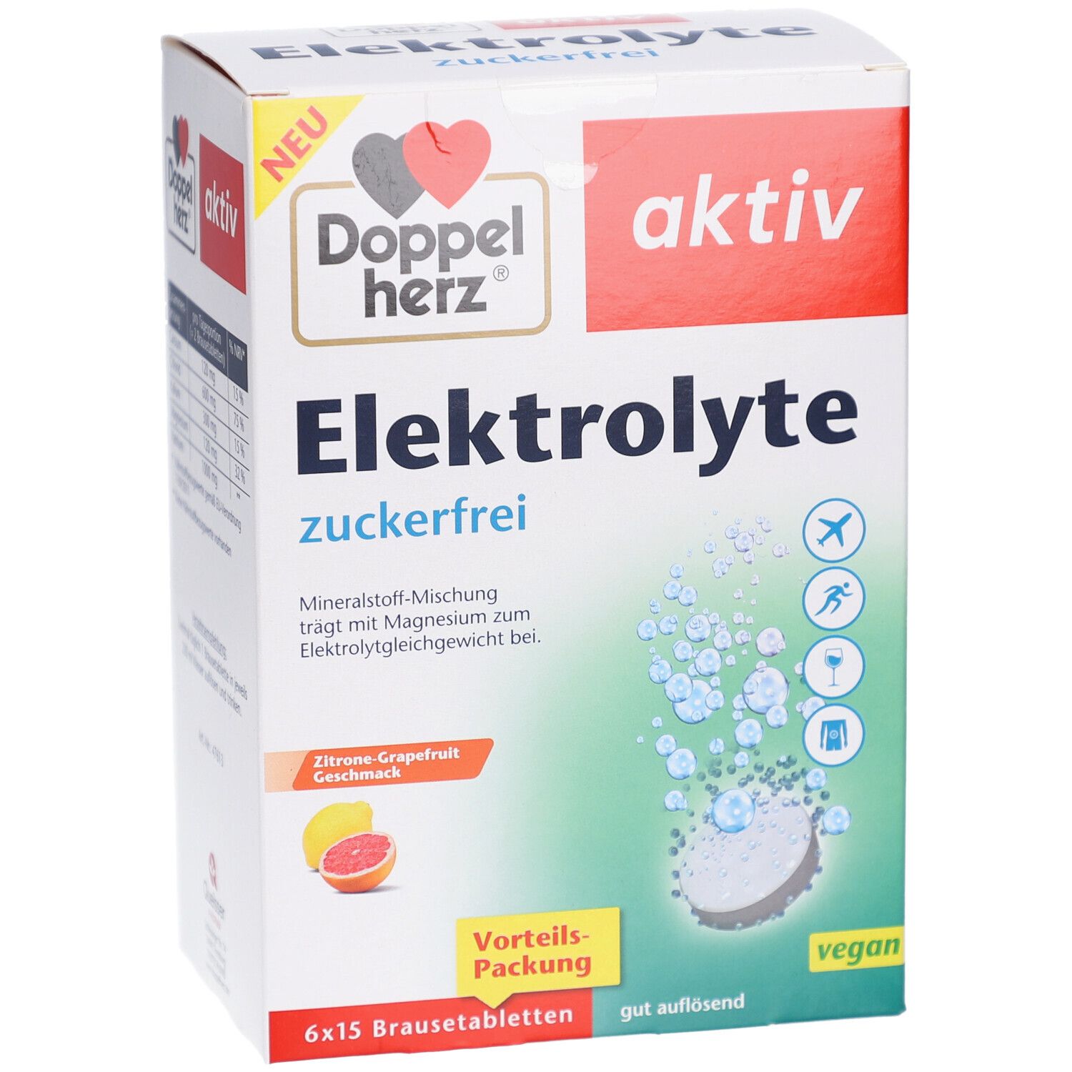 Weiße Verpackung mit "Doppelherz Elektrolyte zuckerfrei". 6x15 Brausetabletten. Zitrone-Grapefruit Geschmack. Vegan.