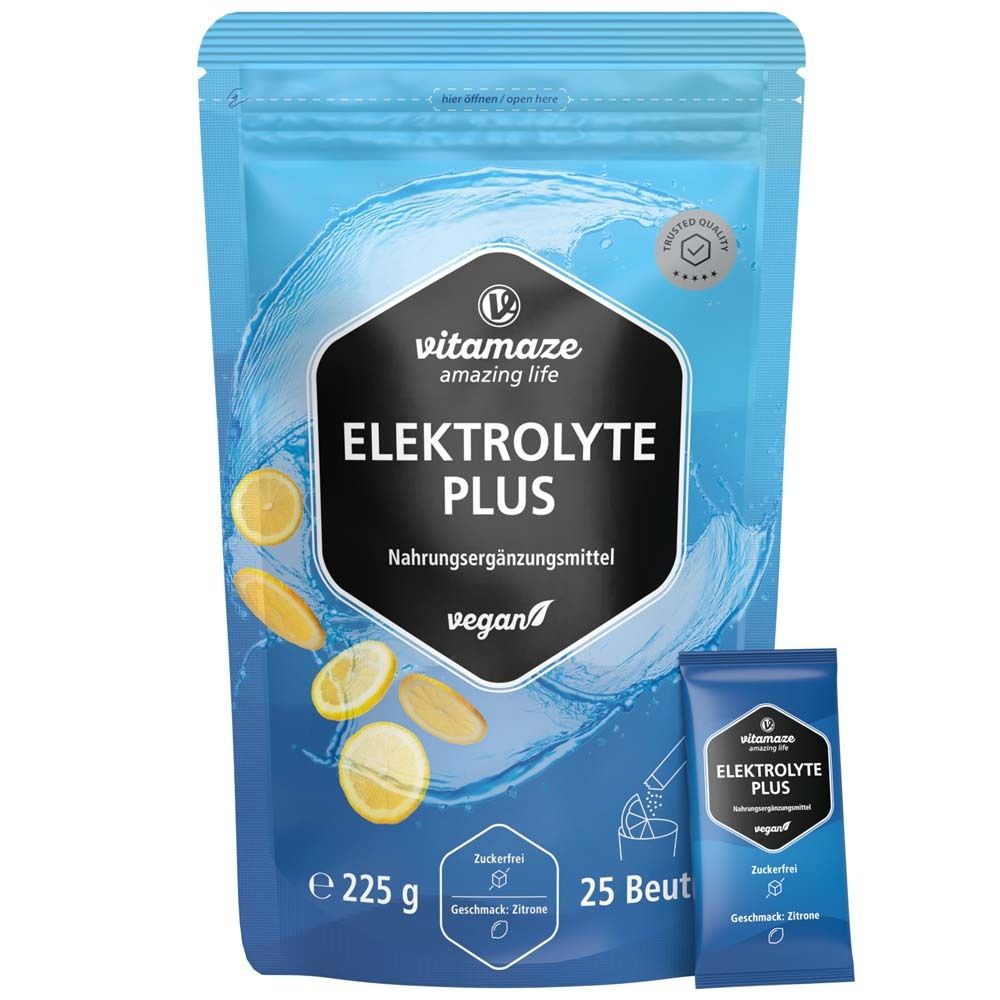 Beutel mit Elektrolyte Plus, Zitrone. Enthält 25 Beutel, vegan, zuckerfrei. Marke: vitamaze.