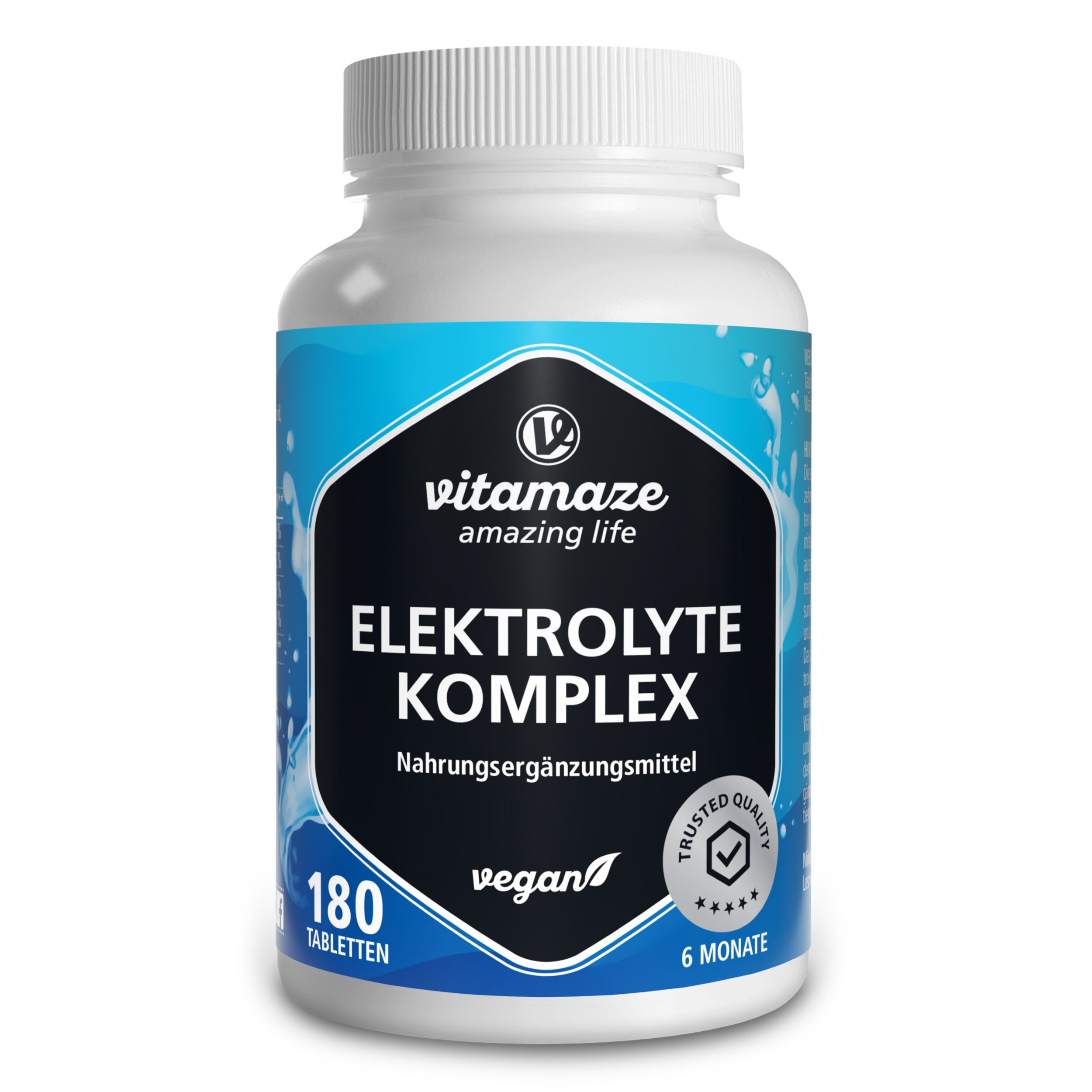 Weiße Flasche mit Vitamaze Elektrolyte Komplex Tabletten. 180 Tabletten, vegan, 6 Monate Vorrat.