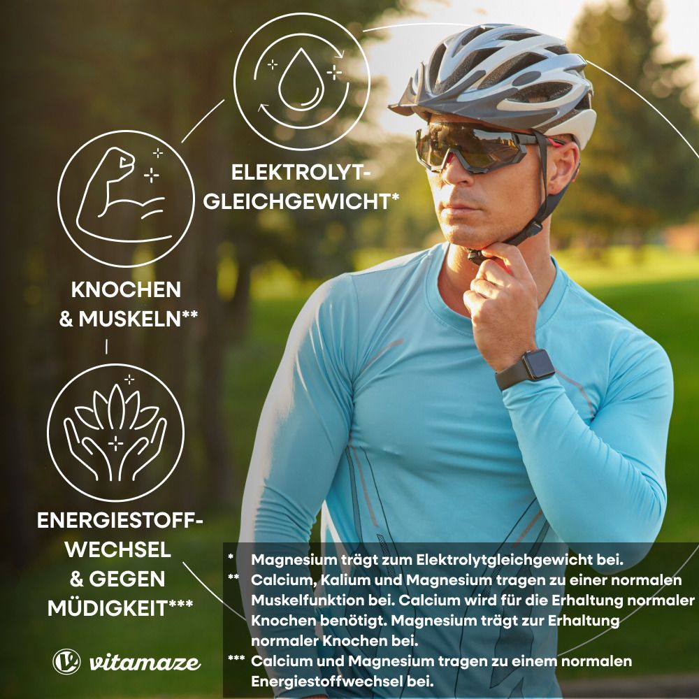 Mann mit Helm und Brille. Grafiken zu Elektrolyt-Gleichgewicht, Knochen & Muskeln, Energiestoffwechsel.
