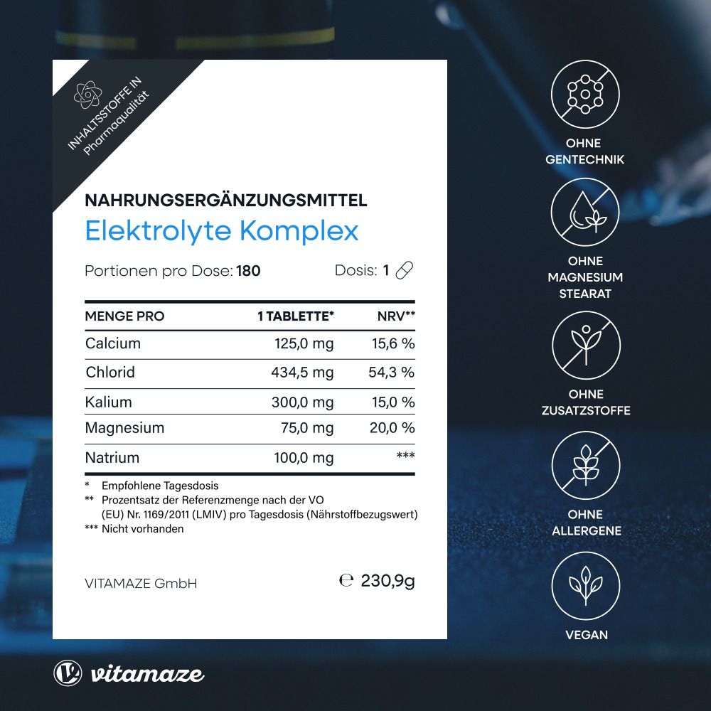 Nahrungsergänzungsmittel Elektrolyte Komplex. Inhaltsstoffe pro Tablette: Calcium, Chlorid, Kalium, Magnesium, Natrium.