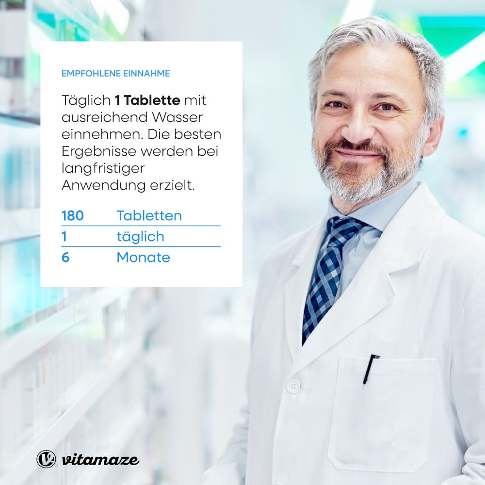 Arzt mit Empfehlung: Täglich 1 Tablette mit Wasser. 180 Tabletten, 1 täglich, 6 Monate.