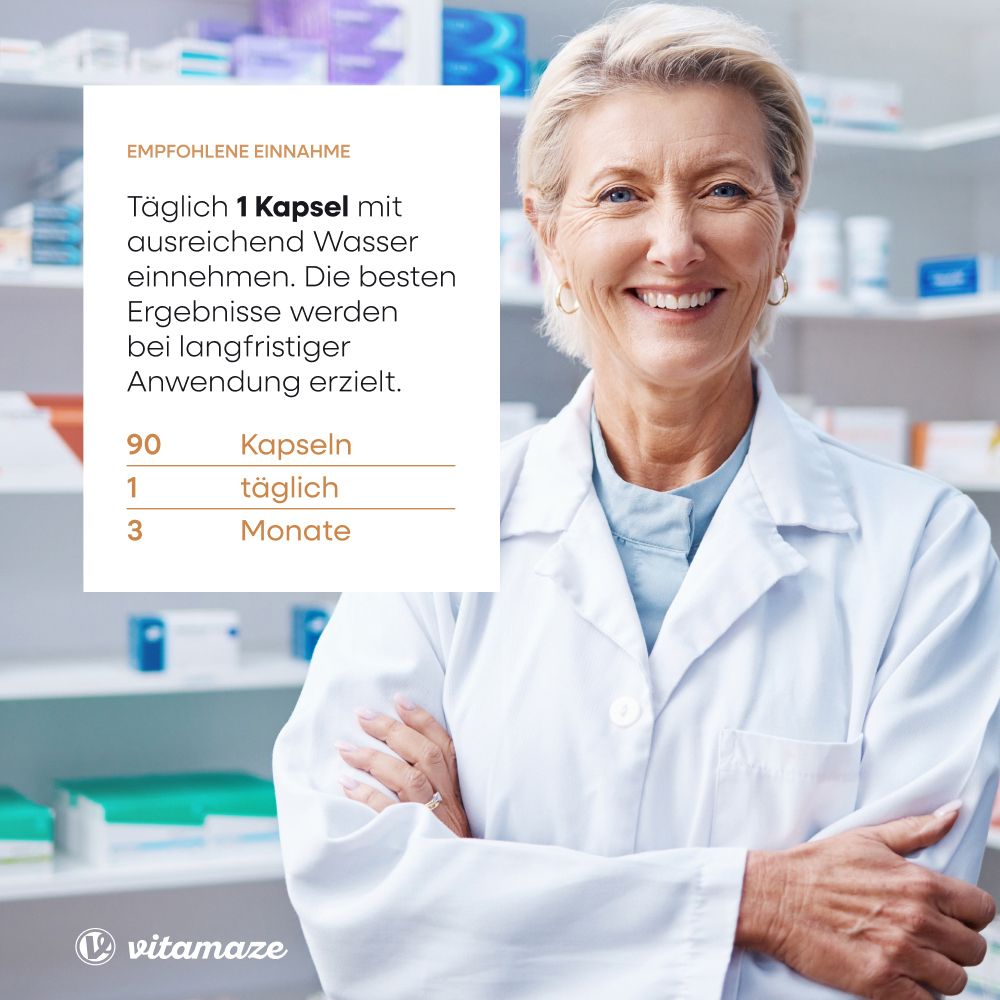 Frau im weißen Kittel. Text: Empfohlene Einnahme: 1 Kapsel täglich mit Wasser. 90 Kapseln, 1 täglich, 3 Monate.