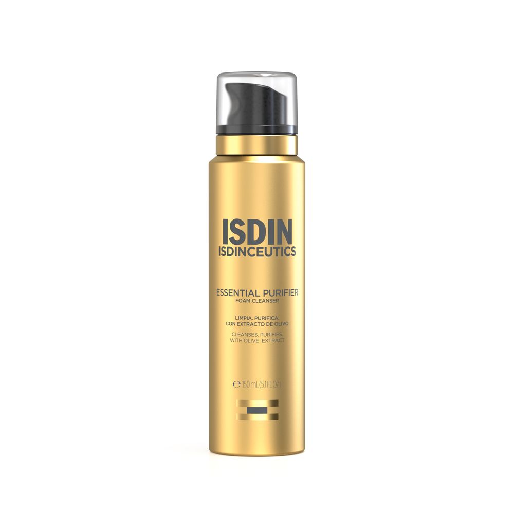 Goldfarbene Flasche mit schwarzem Pumpkopf. Aufschrift: ISDIN, ISDINCEUTICS, ESSENTIAL PURIFIER, Foam Cleanser.