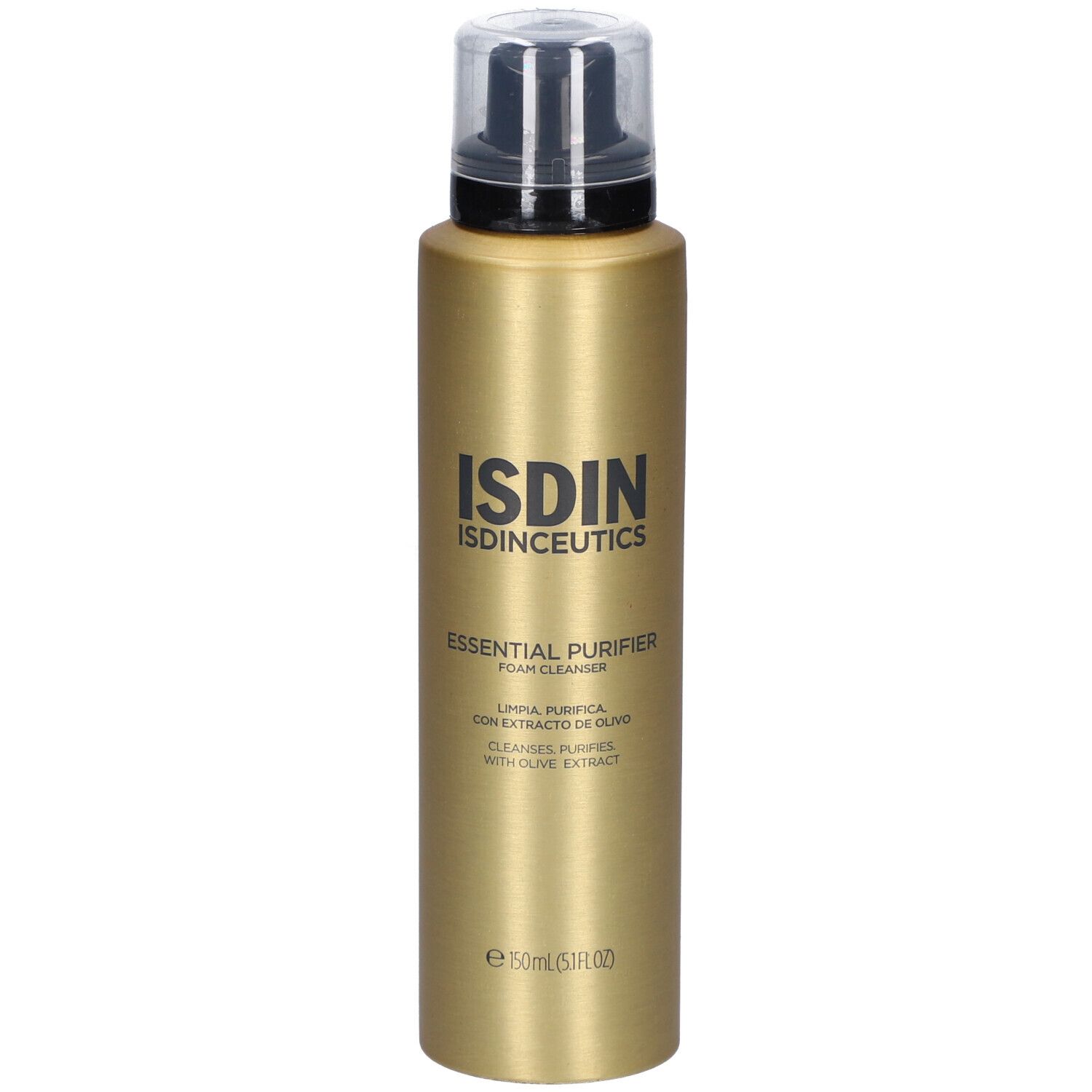 Goldfarbene Flasche mit schwarzem Pumpkopf. Aufschrift: ISDIN, ISDINCEUTICS, Essential Purifier, Foam Cleanser. Mit Olivenextrakt.