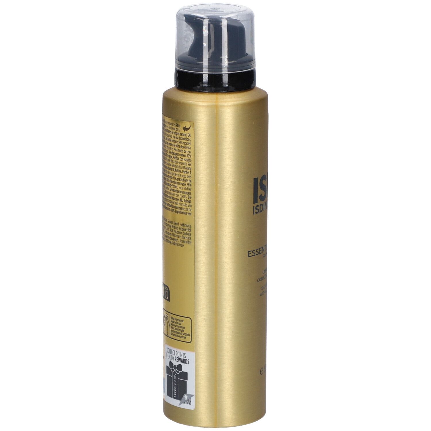 Goldfarbene Flasche, seitliche Ansicht. Schwarzer Pumpkopf. Text: ISDIN, ISDINCEUTICS, Essential Purifier. Mit Text und Symbolen.