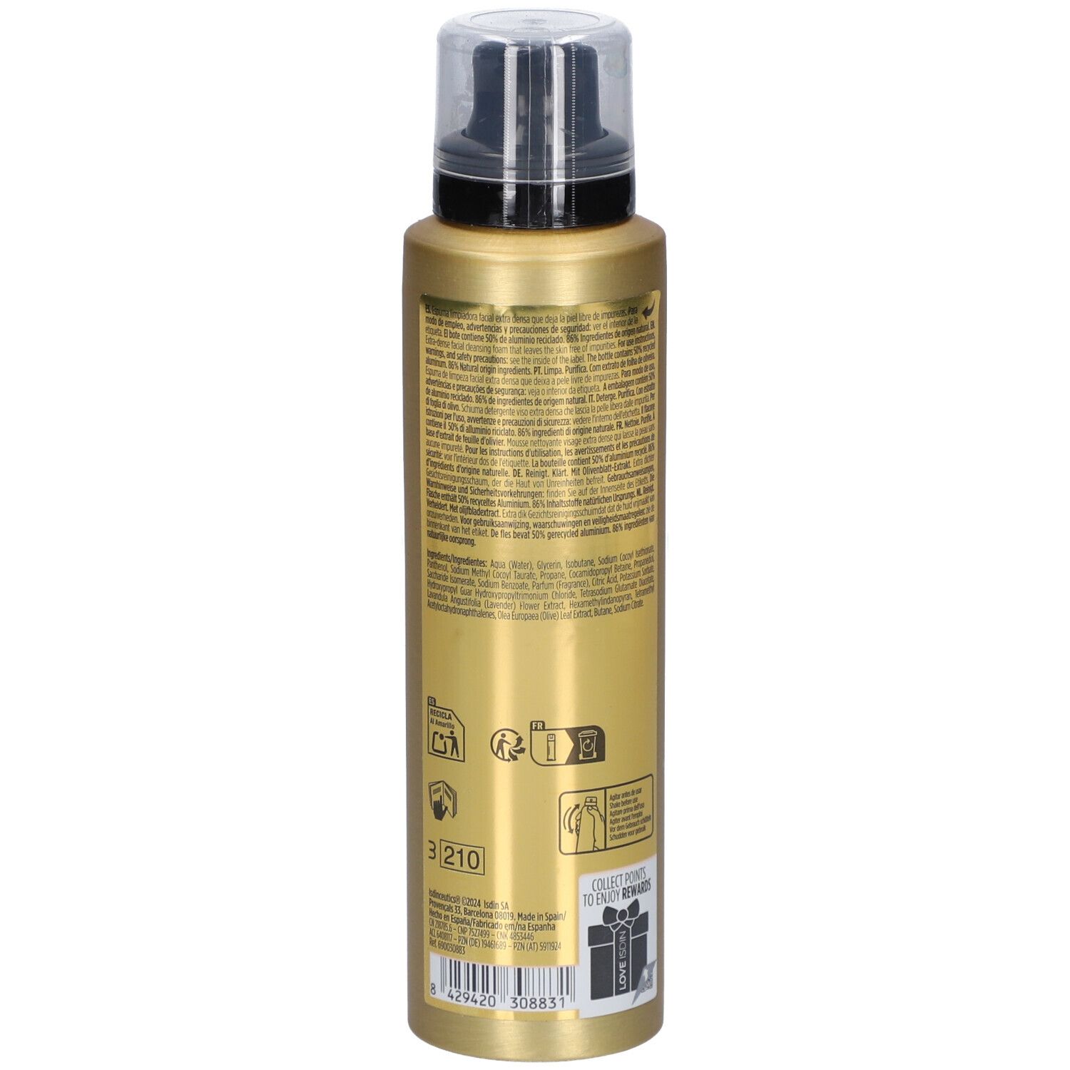 Goldfarbene Flasche, Rückseite. Schwarzer Pumpkopf. Text und Symbole. Aufschrift: ISDIN, ISDINCEUTICS, Essential Purifier.