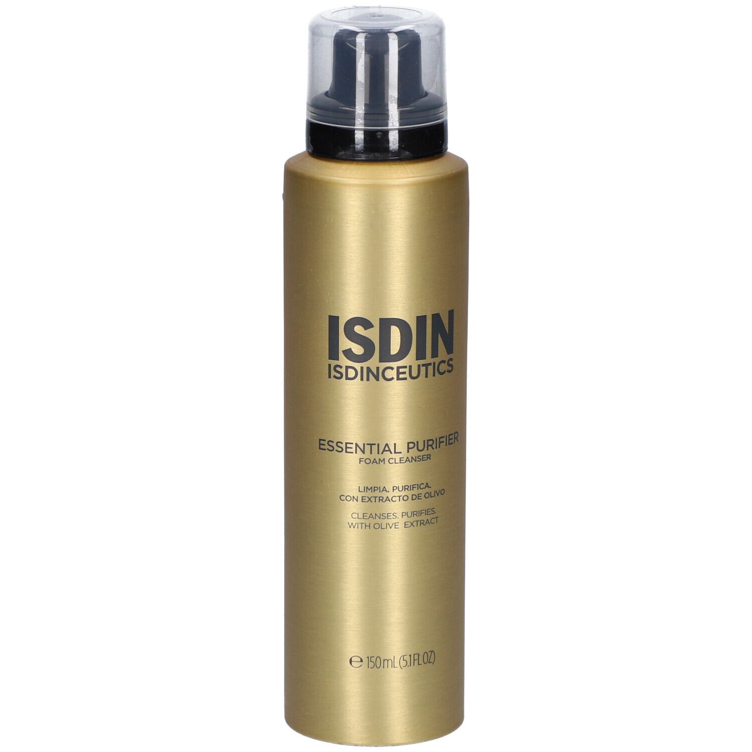 Goldfarbene Flasche mit schwarzem Pumpkopf. Aufschrift: ISDIN, ISDINCEUTICS, Essential Purifier, Foam Cleanser. Mit Olivenextrakt.