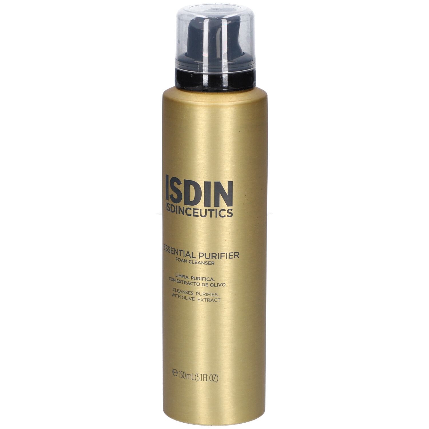 Goldfarbene Flasche mit schwarzem Pumpkopf. Aufschrift: ISDIN, ISDINCEUTICS, Essential Purifier, Foam Cleanser. Mit Olivenextrakt.