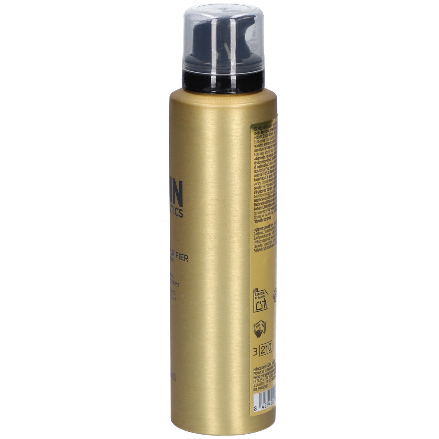 Goldfarbene Flasche, seitliche Ansicht. Schwarzer Pumpkopf. Text und Symbole. Aufschrift: ISDIN, ISDINCEUTICS, Essential Purifier.