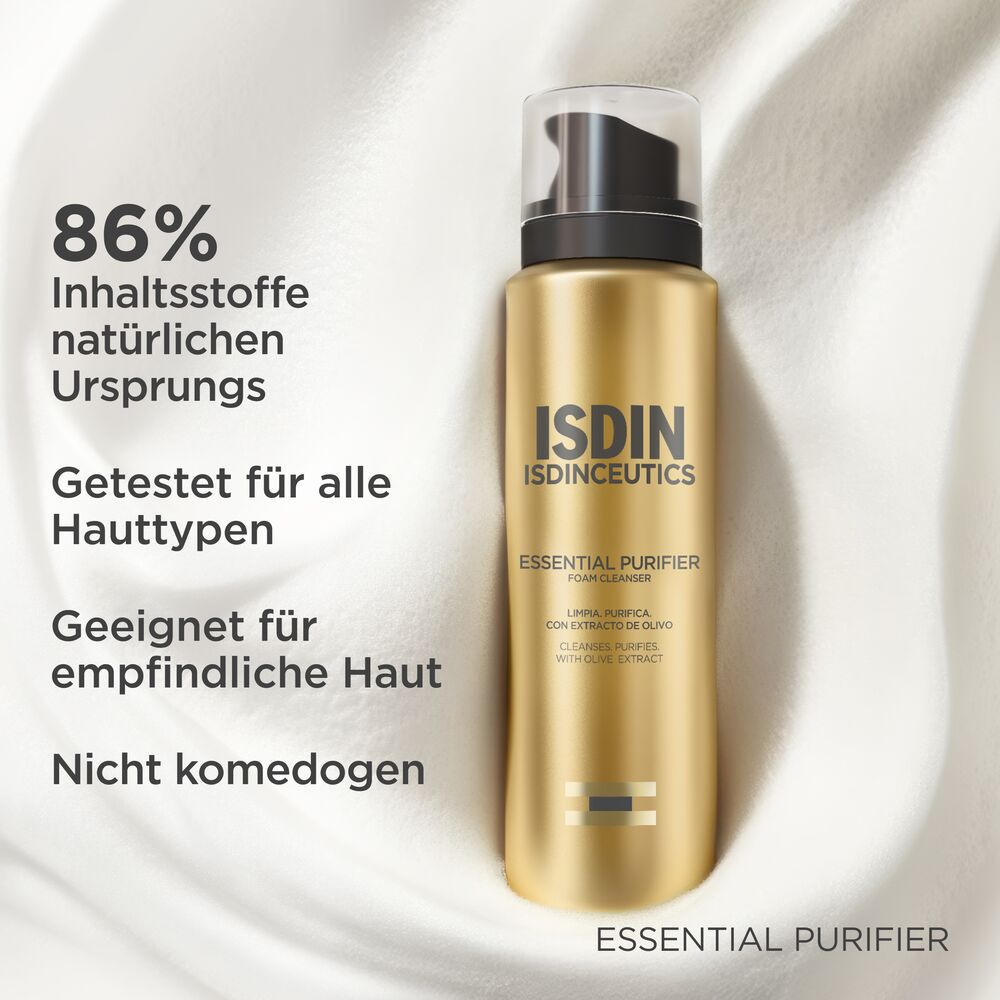 Goldfarbene Flasche. Text: 86% Inhaltsstoffe natürlichen Ursprungs. Getestet für alle Hauttypen. Nicht komedogen.