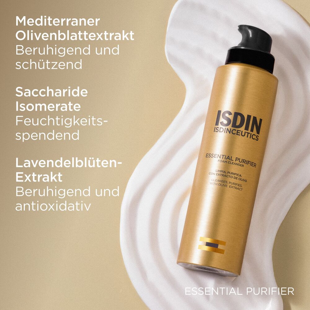 Goldfarbene Flasche mit Schaum. Text: Mediterraner Olivenblattextrakt. Saccharide Isomerate. Lavendelblüten-Extrakt.