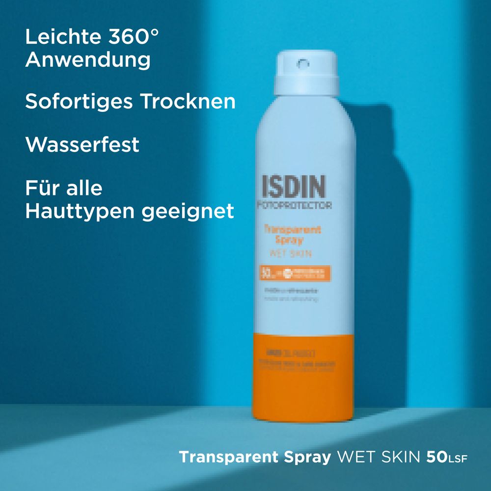ISDIN Transparent Spray LSF 50. Text, der Eigenschaften wie schnelles Trocknen hervorhebt.